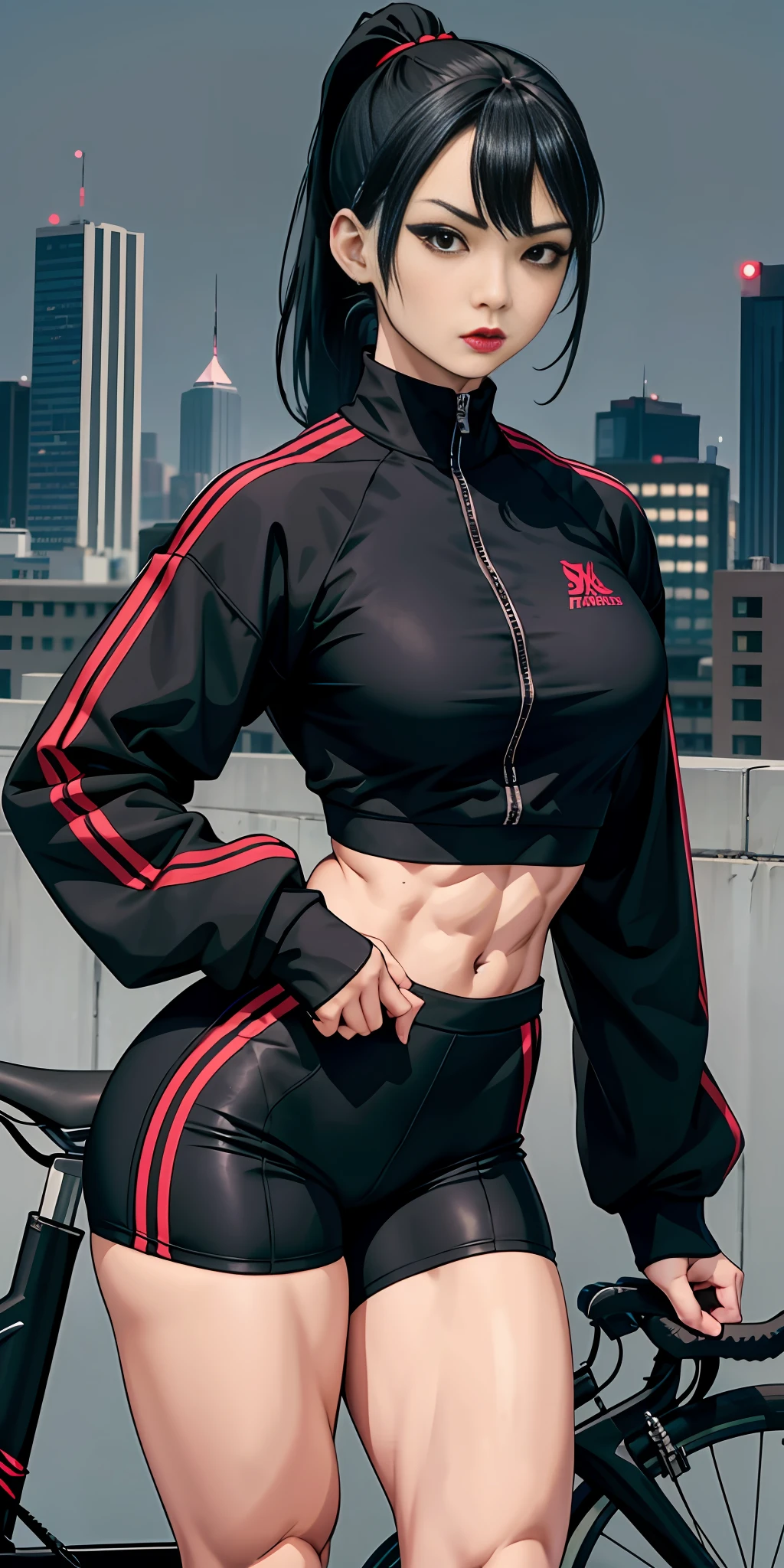 Boy, Asian, , adult, tattoo, lipstick, gothic, girl face, serious face, black hair (ponytail with fringe), cap, muscular, cycling shorts, long sleeve sweatshirt jacket, large thighs (background: city)