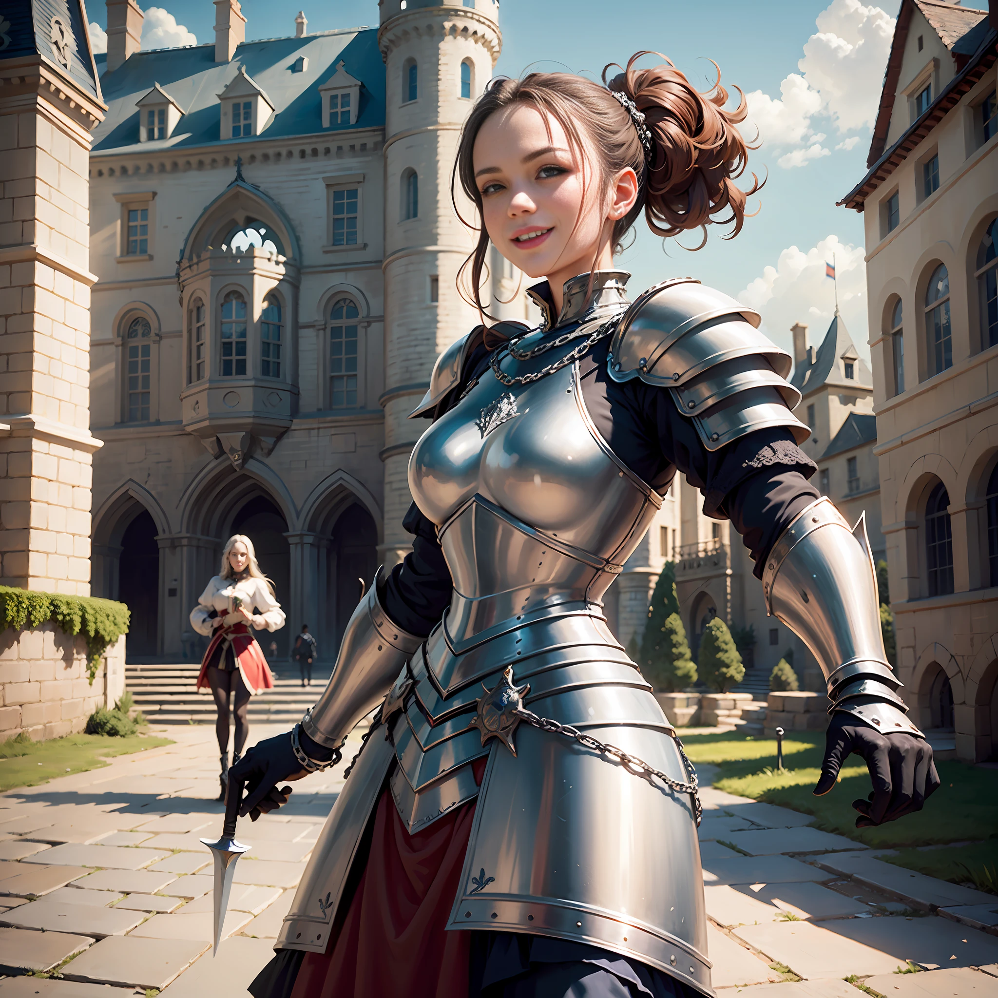 (((Medium shot))), couple, (one man and one woman), two individuals, outside the castle, jousting, big sword, frolic, fighting, sweet, happiness, smile, armor, chain mail, armor, happy, pretty eyes, playfulness, surrealism, pov, romanticism, cinematic lighting, 8K, UHD, masterpiece, ccurate, anatomically correct, textured skin, high detail, high quality, high resolution, award-winning, best quality, 16K, bad body, bad hands,bad legs.