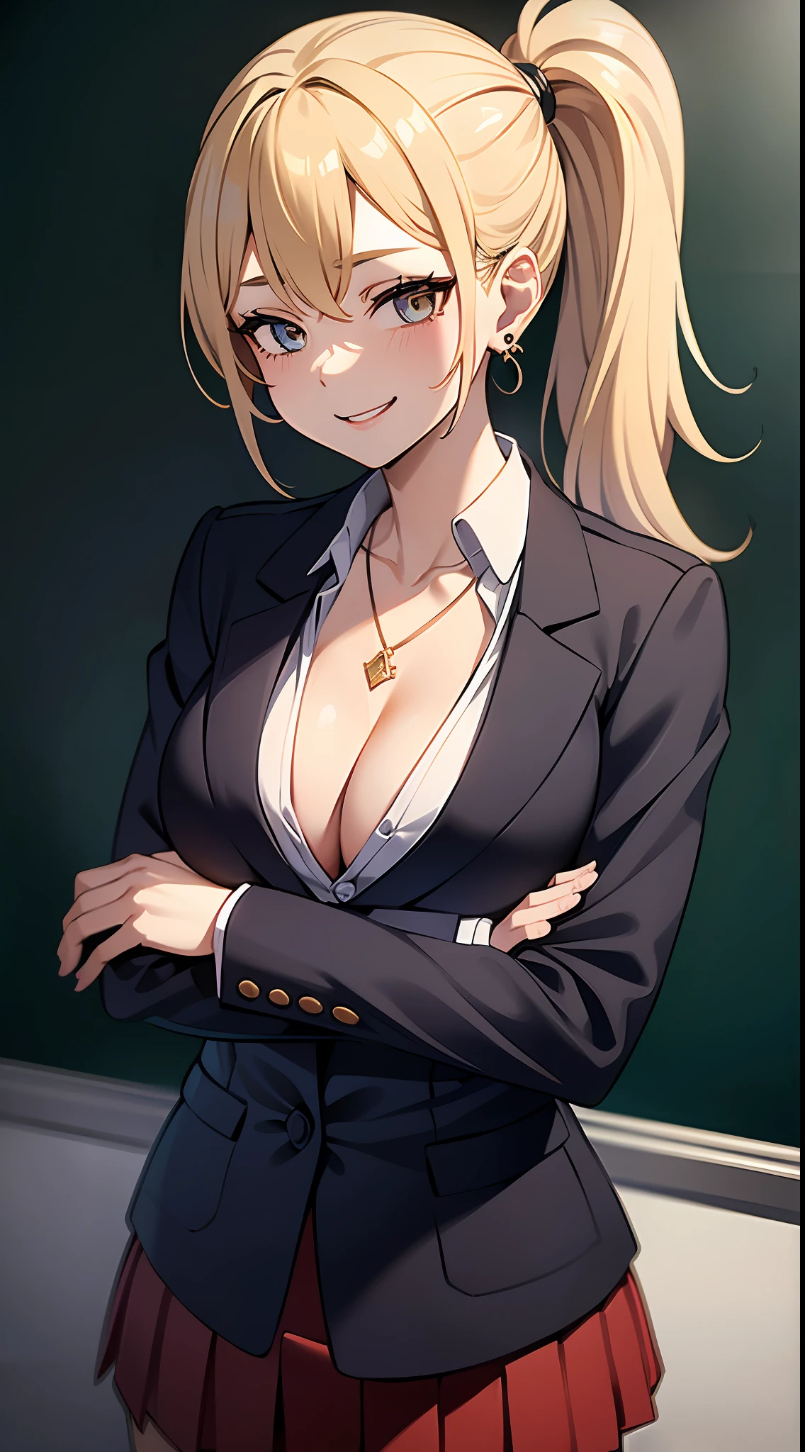 1girl, masterpiece, best quality, medium full shot, blonde ponytail, ((unbuttoned school uniform, cleavage, necklace, earrings, sexy body, breasts)), smiling, busty