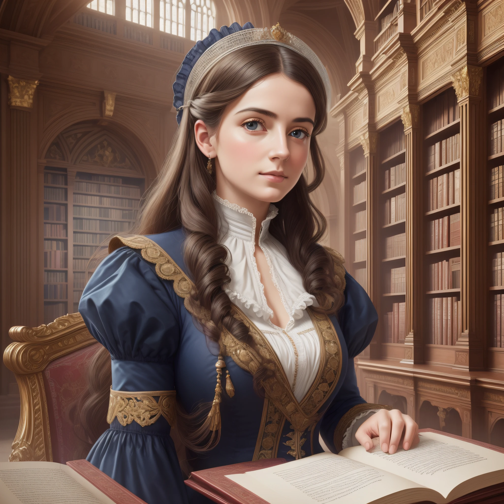 ((masterpiece)),((best quality)),((high detail)),((realistic,)) ((8k)) ((uhd)) female scholar in Victorian attire , in a library, European architecture