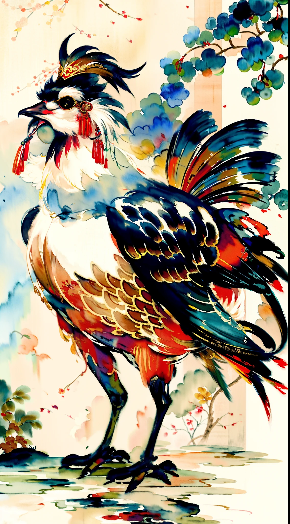 A Rooster,,Li Keran Digital Painting,pixabay,Art Deco,King of Roosters,Rooster,,Rooster Illustration,((watercolor)),Chinese painting style,Chinese watercolor style,Traditional Chinese ink painting,Traditional Chinese painting,Chinese ink painting,Chinese ink painting,Traditional Chinese art,Jin Yiwei