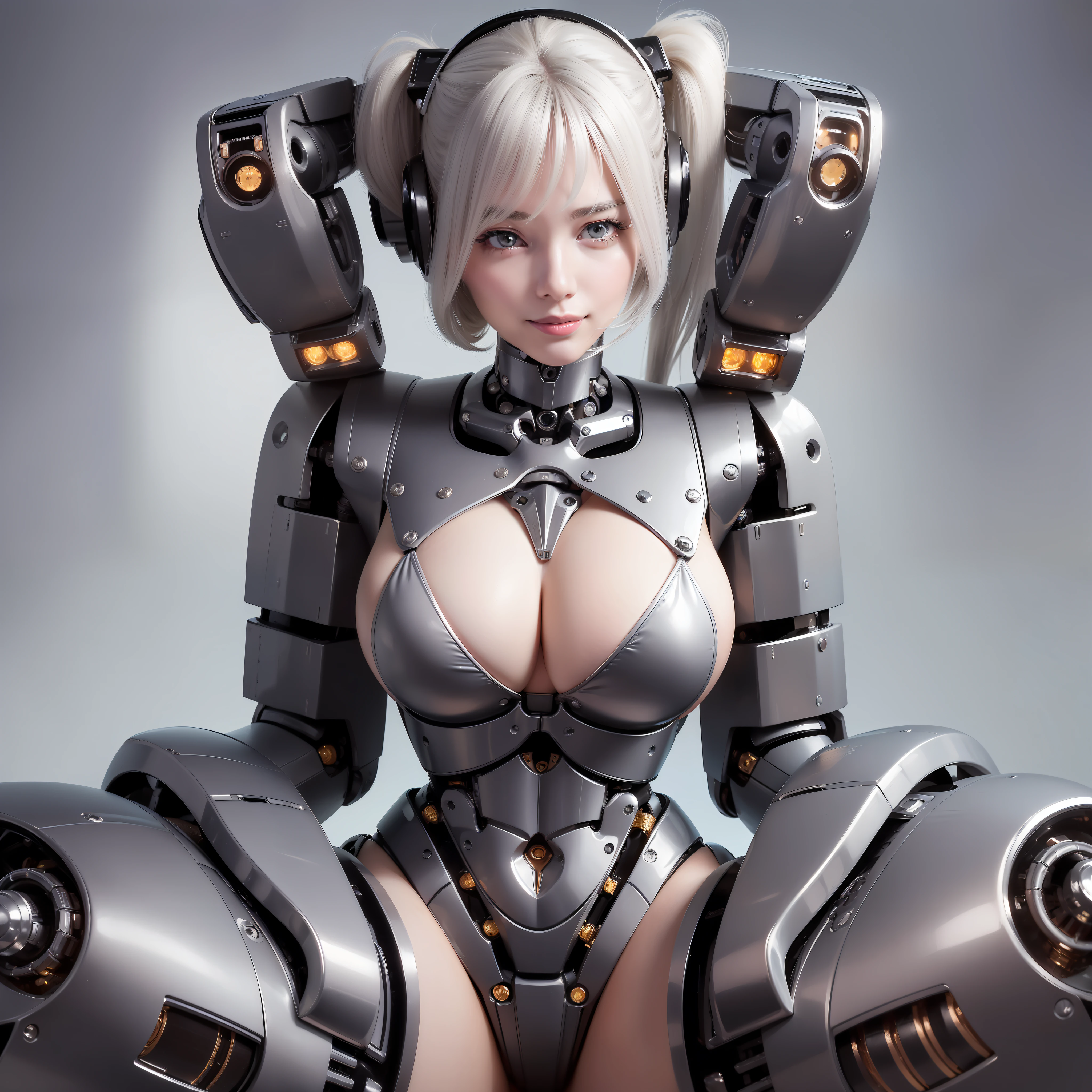 Beautiful Face,1 Woman, Curvaceous, Top Quality, Masterpiece, Ultra Detailed, ((((Bikini Cyborg Robot Parts)))), (Light Grey Hair), Long Hair, Wavy Hair, Twin Tails, Medium Shot, (((Seductive Smile)), (Black Eyes), Princess Cut, (Cowboy Shot),Squatting,Spread Your Legs,HR Giger,