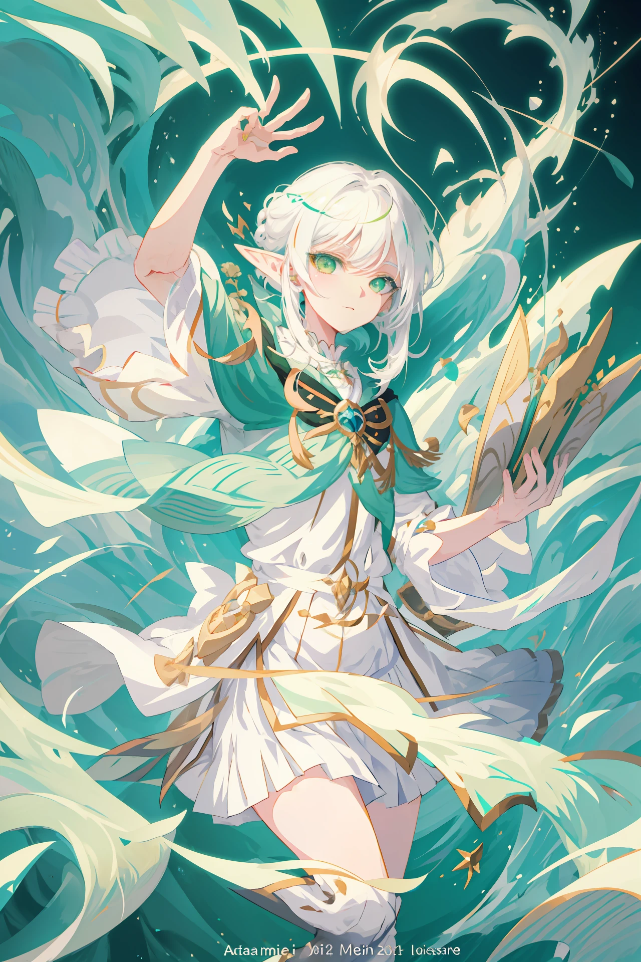 anime girl with white hair and green eyes holding a present, white haired deity, anime visual of a cute girl, splash art anime li, crisp clear rpg portrait, [[[[grinning evily]]]], elf girl, anime moe artstyle, ayaka genshin impact, sakimi chan, profile picture 1024px, official artwork