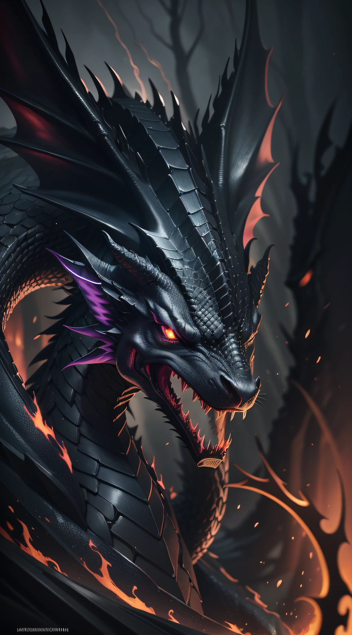 Black dragon of shadows. mystical creature. fierce, Dark forest, Conceptual art, high detail, cinematic lighting, optical illusion, UHD, masterpiece, textured skin, super detail, high quality, 1080P, 8k