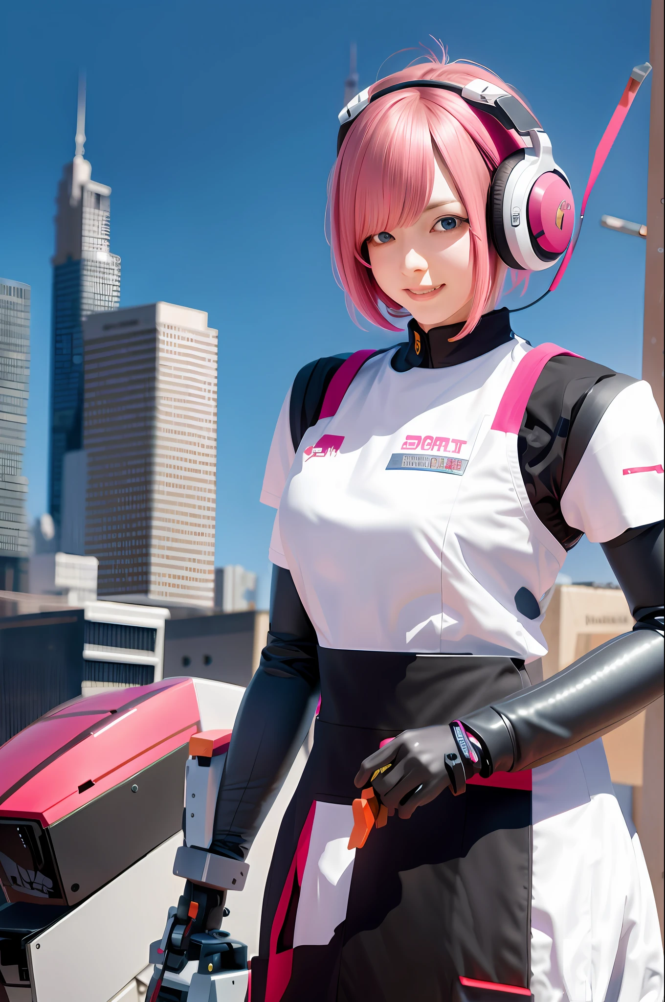 Gundam style, doing giant robot maintenance, headphones, female mechanic, cute apron, woman like model, cute work clothes, hairstyle bob, hair unkempt, pink inner color, real,