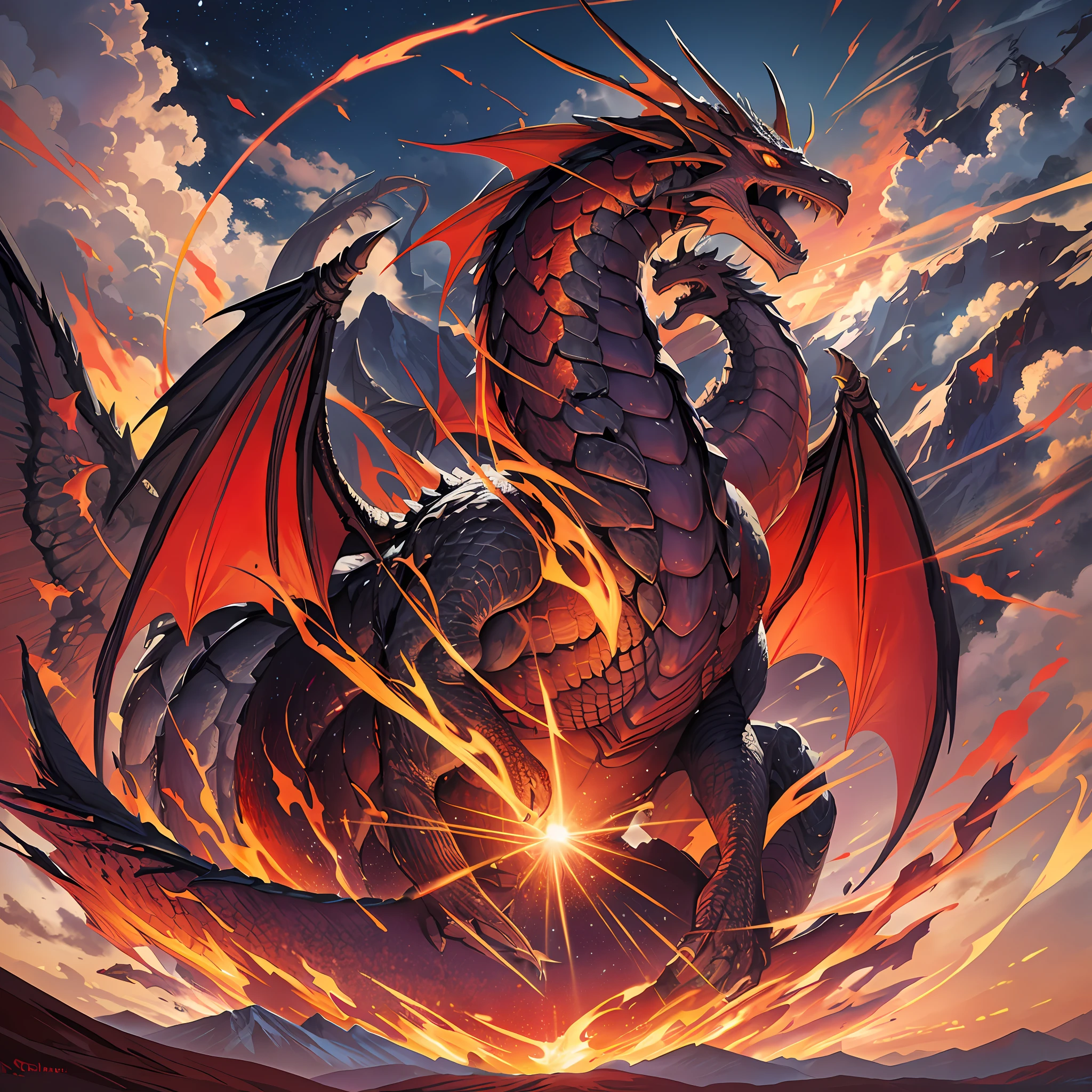 Image/dragon, medieval, colossal, scales, scarlet, fire, sky, mountain, forest, lake.