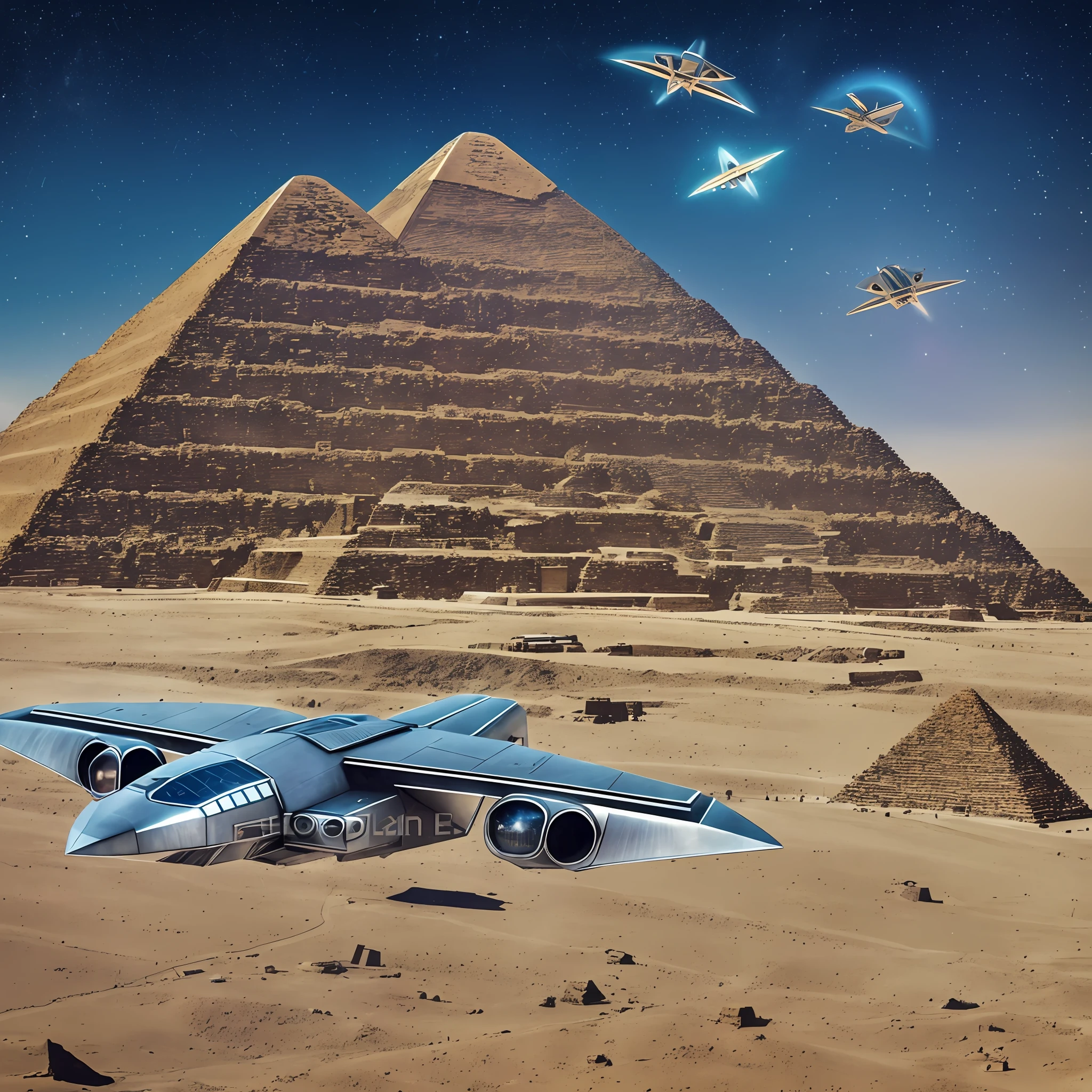 spaceship flying over a pyramid with a plane flying over it, ancient megastructure pyramid, ancient space ship, ancient yet futuristic, an intact ancient alien ship, ancient futuristic, alien starship, ancient alien portal, spaceship in background, spaceship flies in the distance, utopian space ship, alien spaceship, ufo landing, ancient alien tools and houses, ufo --auto --s2