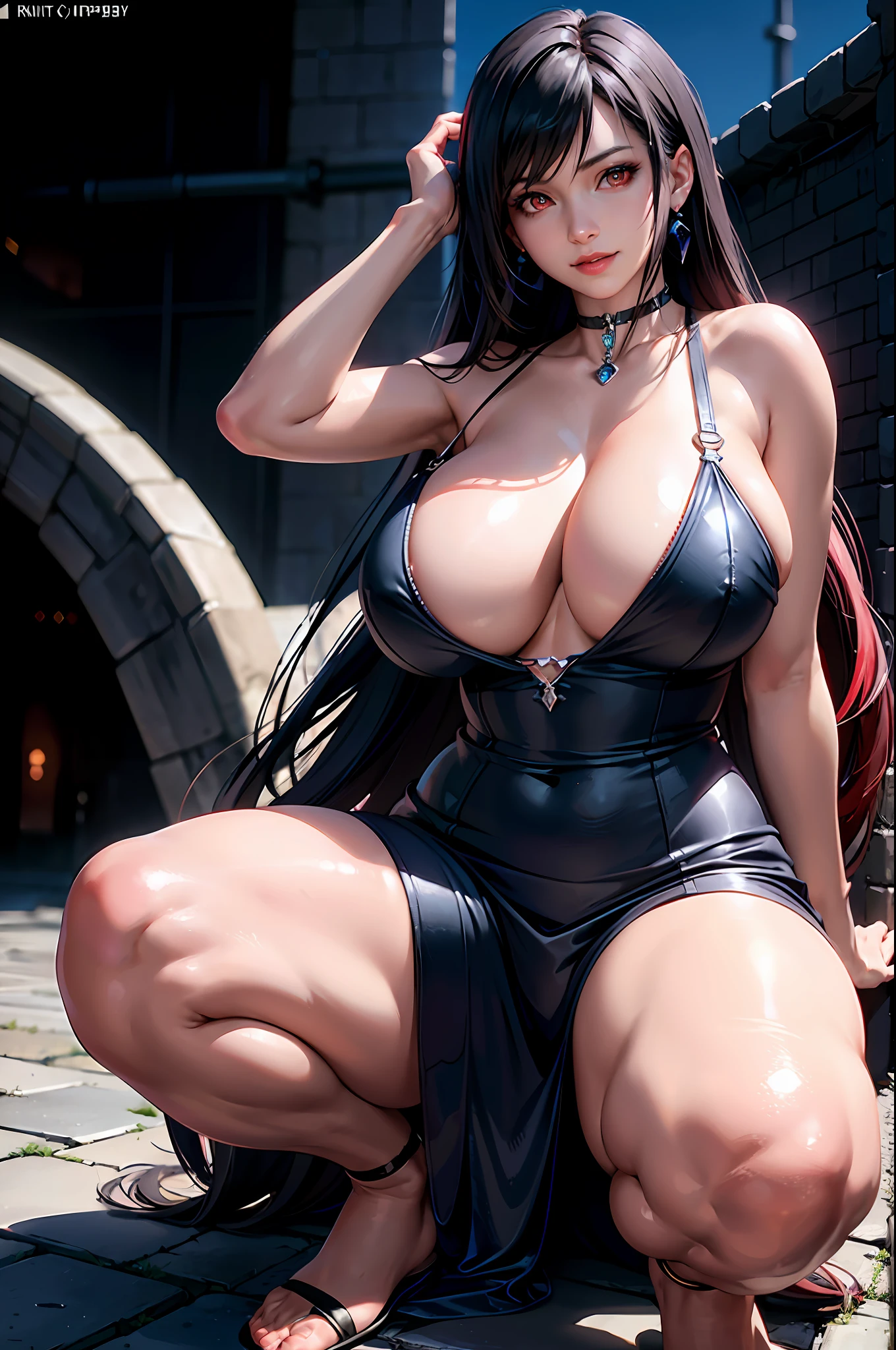 (8k, best quality, masterpiece:1.2), (realistic, photo-realistic:1.37), ultra-detailed, 1 girl,cute, solo, (tifa lockhart), (huge breasts:1.5),(beautiful detailed eyes), (smile:1.2), (closed mouth), erotic pose, dancing, outside an industrial factory, depth of field, dark intense shadows, sharp focus, depth of field, good composition, green glowing light, Final Fantasy VII, (sapphire dress:1.3), (black choker) full body, head rest, lips, pretty face, low-tied long hair, ((red_eyes:1.3)), (night:1.3), intricate, bokeh, cinematic lighting, photon mapping, radiosity, physically-based rendering, (Tetsuya Nomura style), nsfw, perfect breasts