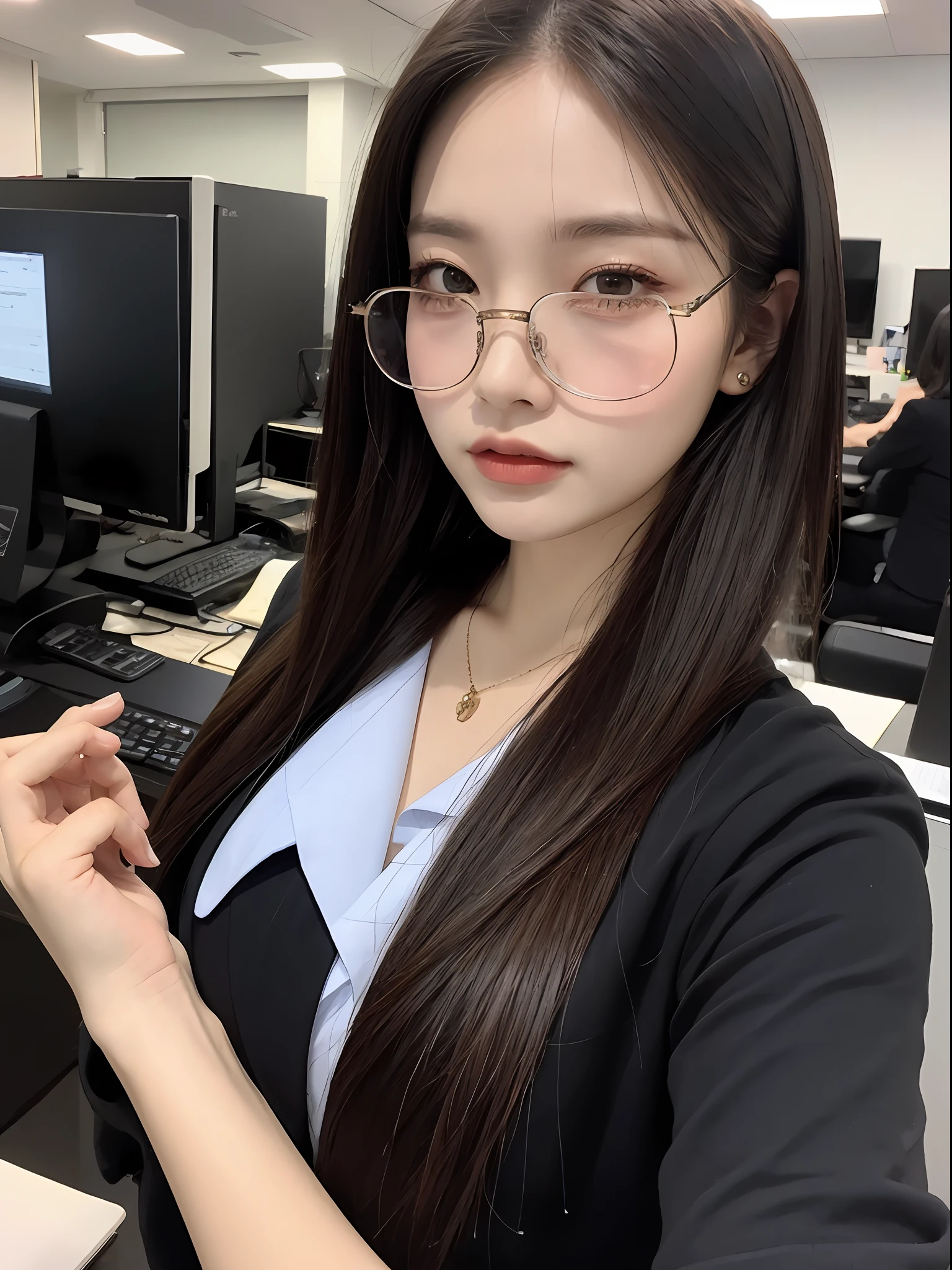 (A GIRL: 1.6), (lora:russianDoll:0.3), (lora:TaiwanDoll:0.3), (best quality, 8k, masterpiece: 1.3), focus 1.2, perfect body beauty: 1.4, highly detailed face and skin texture, detailed eyes, double eyelids, whitened skin, long hair, (round face: 1.5), professional clothes, office, computer, black large-frame glasses