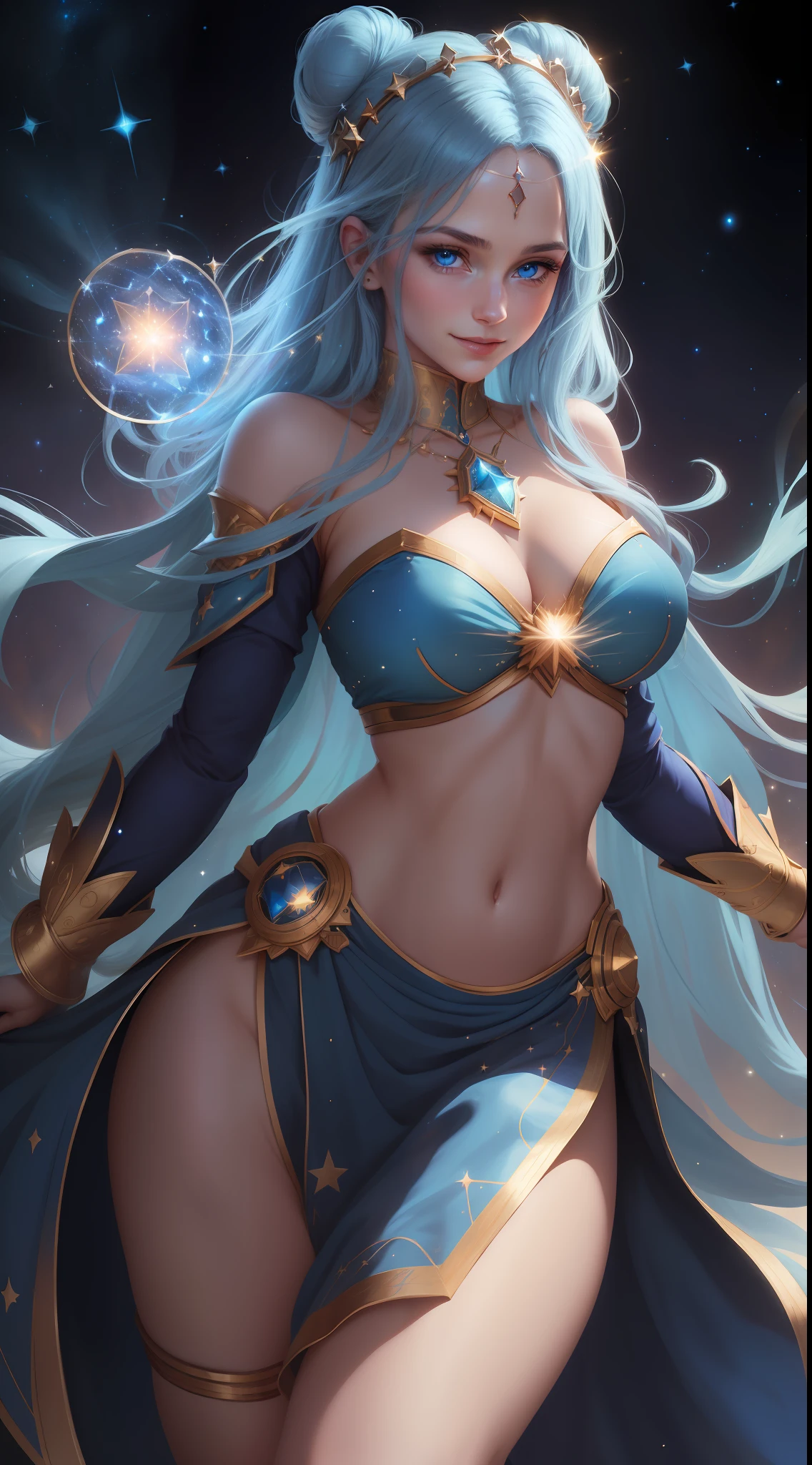 Beautiful woman with a perfect face, perfect body figures, realistic facial expression, long blue bun hair, blue eyes, fair skin, wearing a blue tunic with intricate decorations, exposed belly and thighs, mage, confident expression (dynamic Angle, dazzling blue eyes, delicate necklace, confident smile), (stars and galaxy background, cosmic sparklings, glowing particles, arcane and constellation, faint darkness), high saturation, movie light, edge light, best shadow