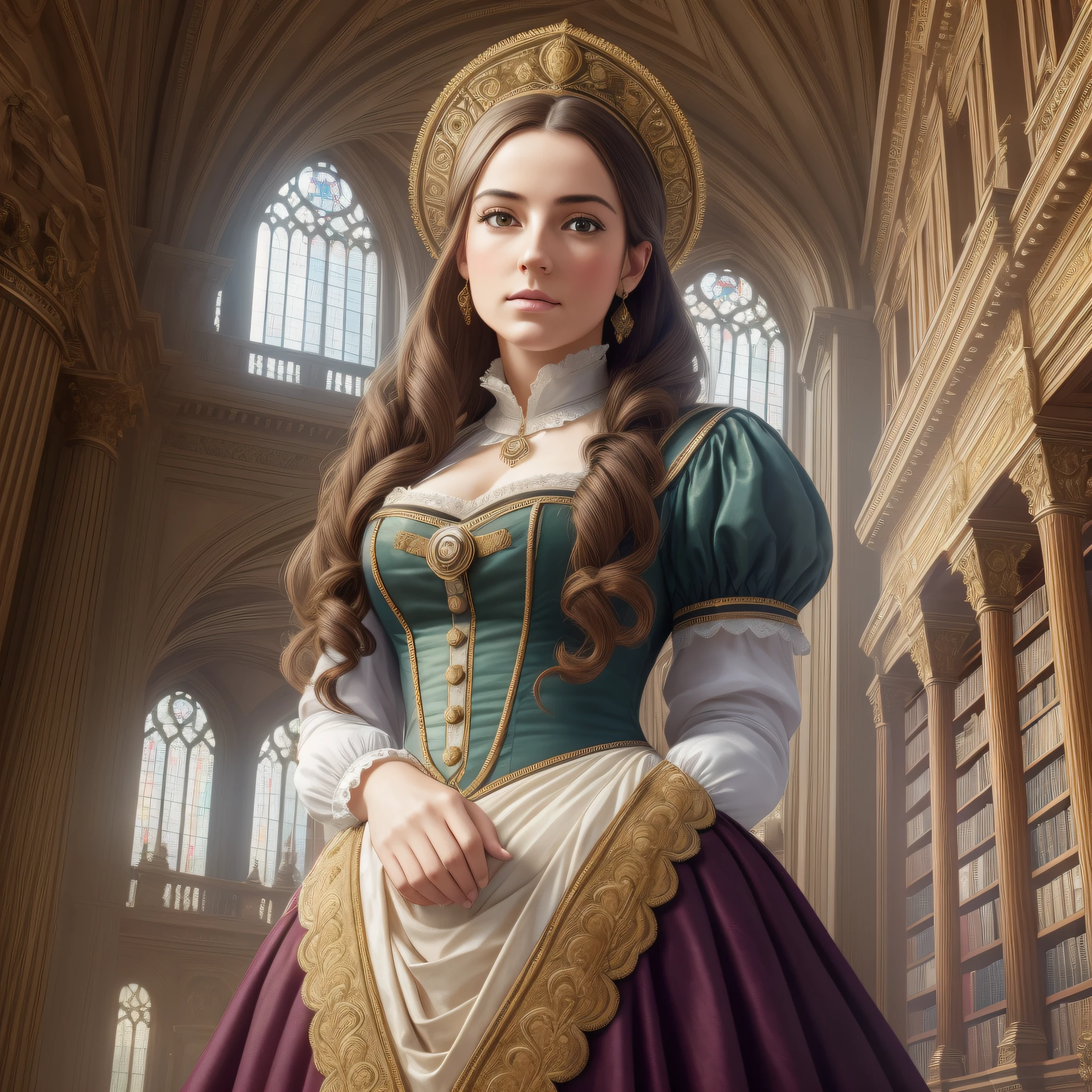 ((masterpiece)),((best quality)),((high detail)),((realistic,)) ((8k)) ((uhd)) female scholar in Victorian attire , in a library, European architecture