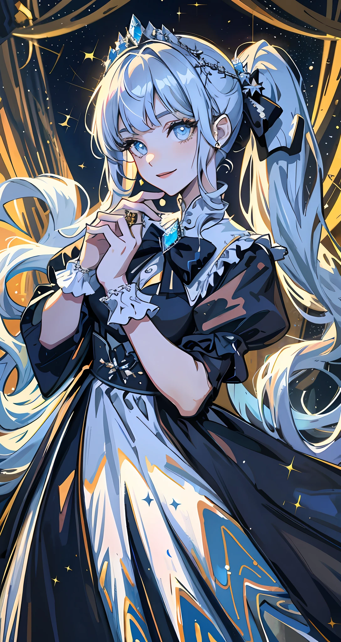 Dramatic composition, court-style dresses, royal, gorgeous, cascading frills, ruffles, bows, crystal chandeliers, Roman curly hairstyles, ponet, double ponytails like drills, look at the camera, bangs, maximalism, palatial background, delicate portrayal of hair and eyes, princess dresses, gorgeous skirts, flowers in hand, smiles, starry eyes, cinematic light, extreme detail, high definition, happy girl, very long hair, diamonds, broken diamonds, crystal fragments, light particles
