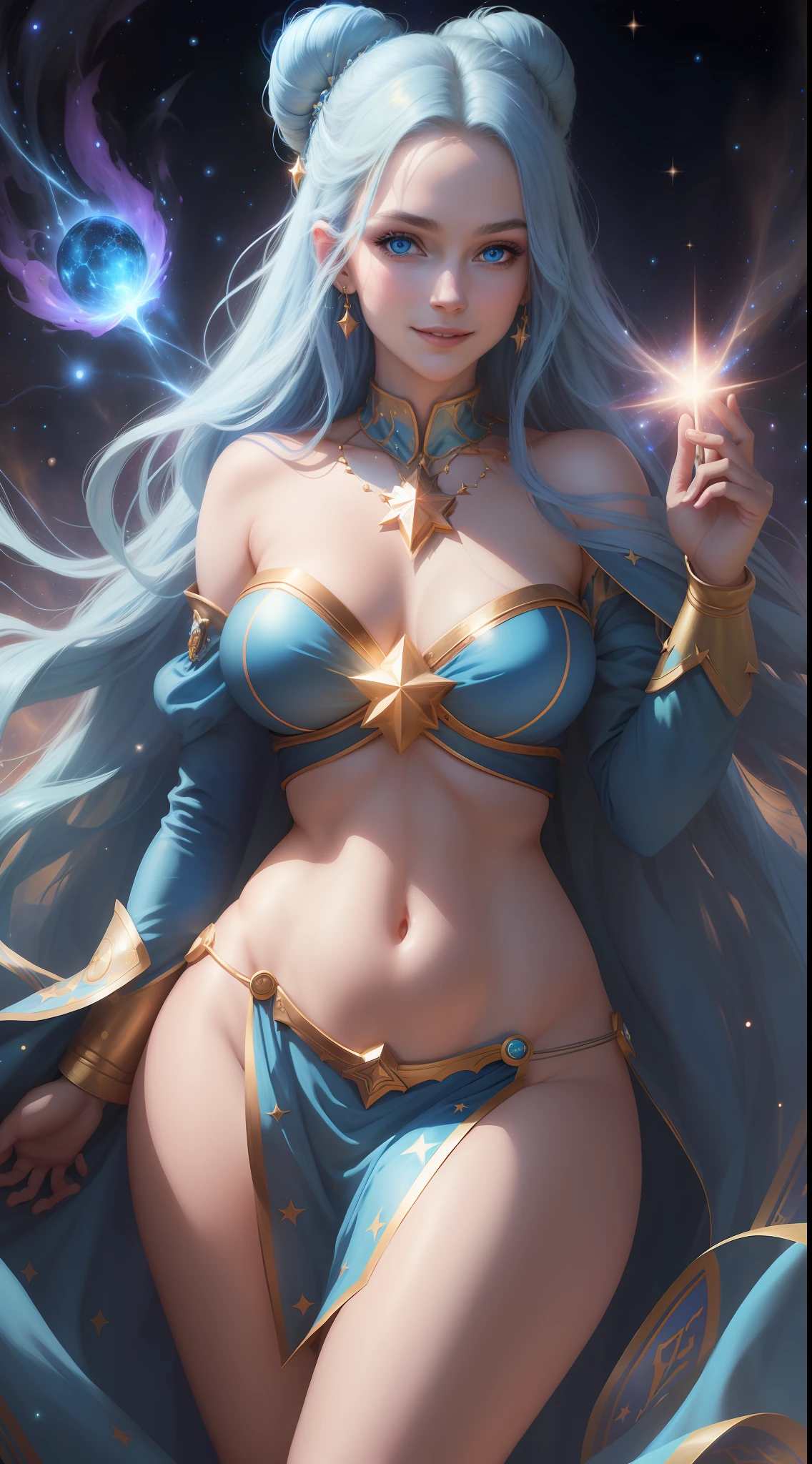Beautiful woman with a perfect face, perfect body figures, realistic expression, long blue bun hair, blue eyes, fair skin, wearing a blue tunic with intricate decorations, exposed belly and thighs, mage, confident expression (dynamic Angle, dazzling blue eyes, delicate necklace, confident smile), (stars and galaxy background, cosmic sparklings, glowing particles, arcane and constellation, faint darkness), high saturation, movie light, edge light, best shadow