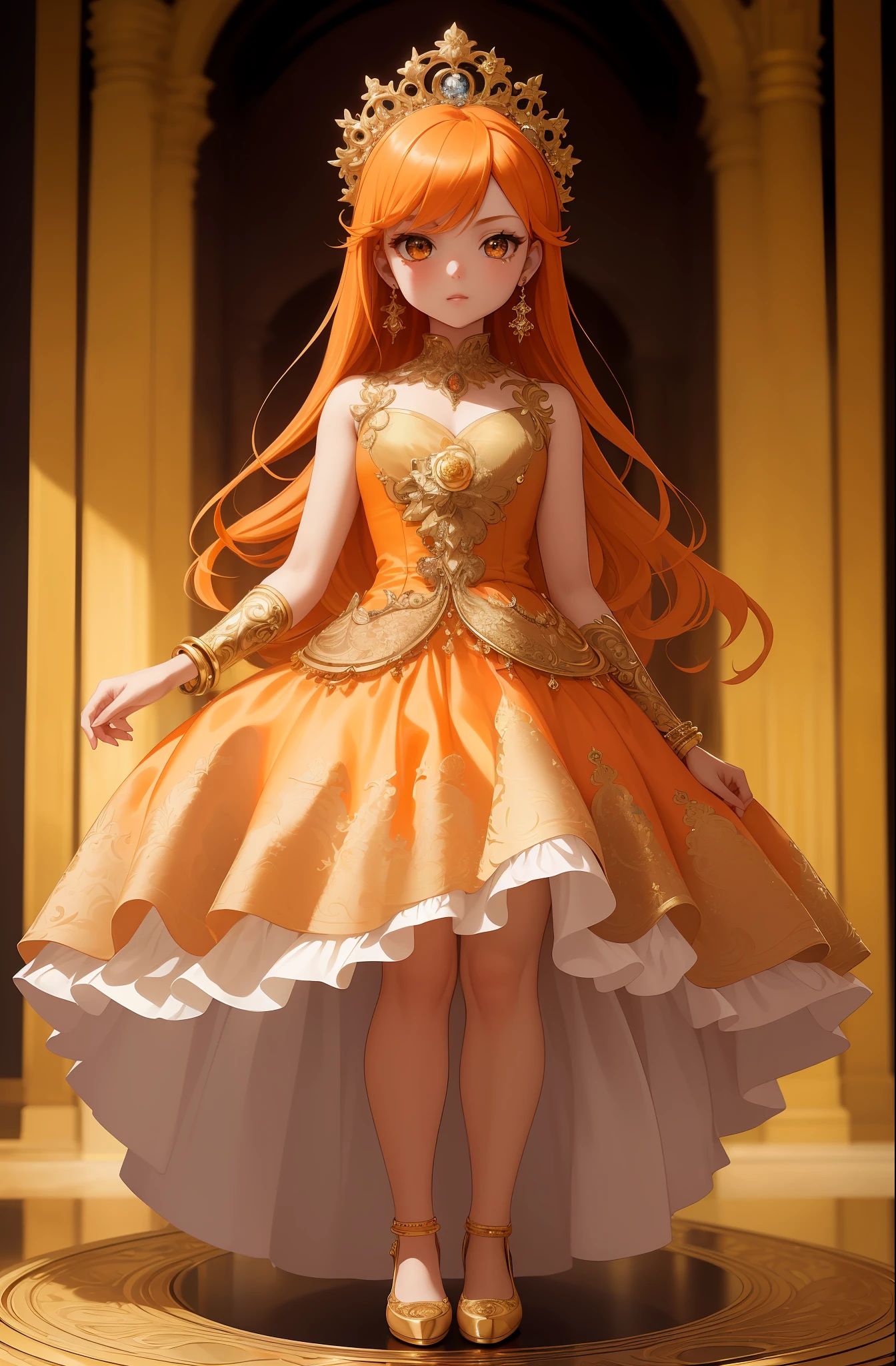 ((best quality)), ((masterpiece)), (extremely detailed, highest detailed, official art, beautiful and aesthetic:1.2), depth, composition WHOLE BODY, (CHIBI: 1.5), (beautiful and detailed eye:1) arrogant, evil, narcissistic, adolescent girl, light orange hair with big chiquinha maria, elegant and expensive dress, gold earrings, flashy bracelets, elegant gold shoes, vain.
