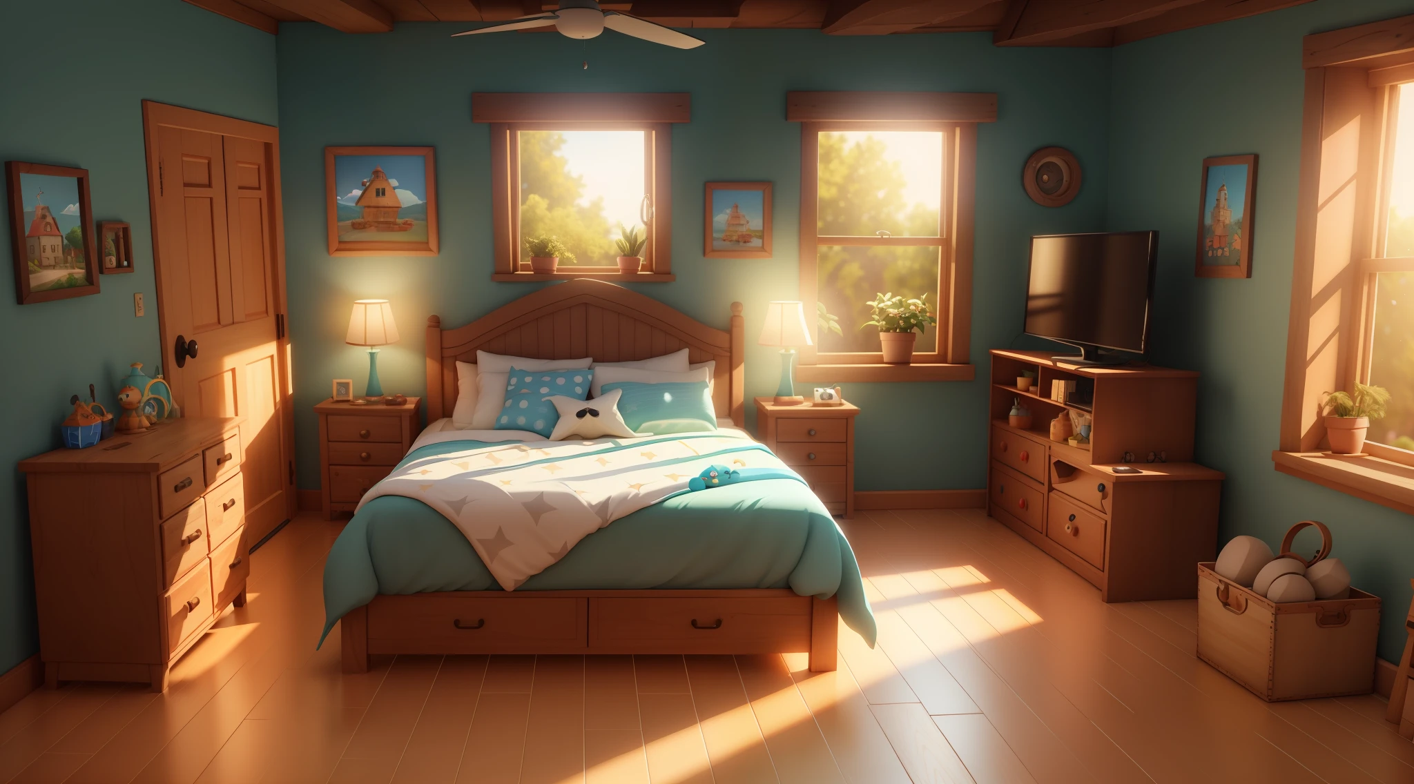 (Pixar style: 1.2), Cute, 3D artwork, bedroom, tavern, inn, video game, a ray of light, blender, OC renderer, dribble high detail 8k, studio lighting --v 6