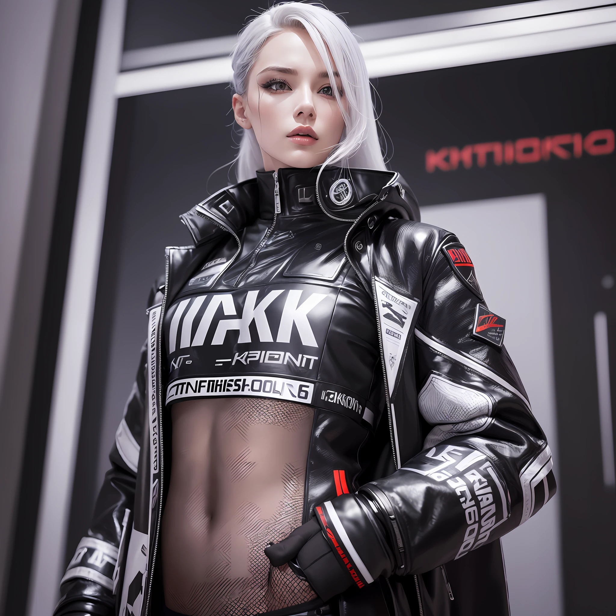 ((Top Quality, 8k, Realistic)) Create Jacket model with the brand VIKTOR KR photo shoot poses futuristic black model with haute couture fabric with long sleeves and details on the sleeves such as agipcias prints, art print on the front and the logo on the chest with the writing ((VIKTOR KR)), shirt displayed on a white studio background for launch campaign --auto --s2