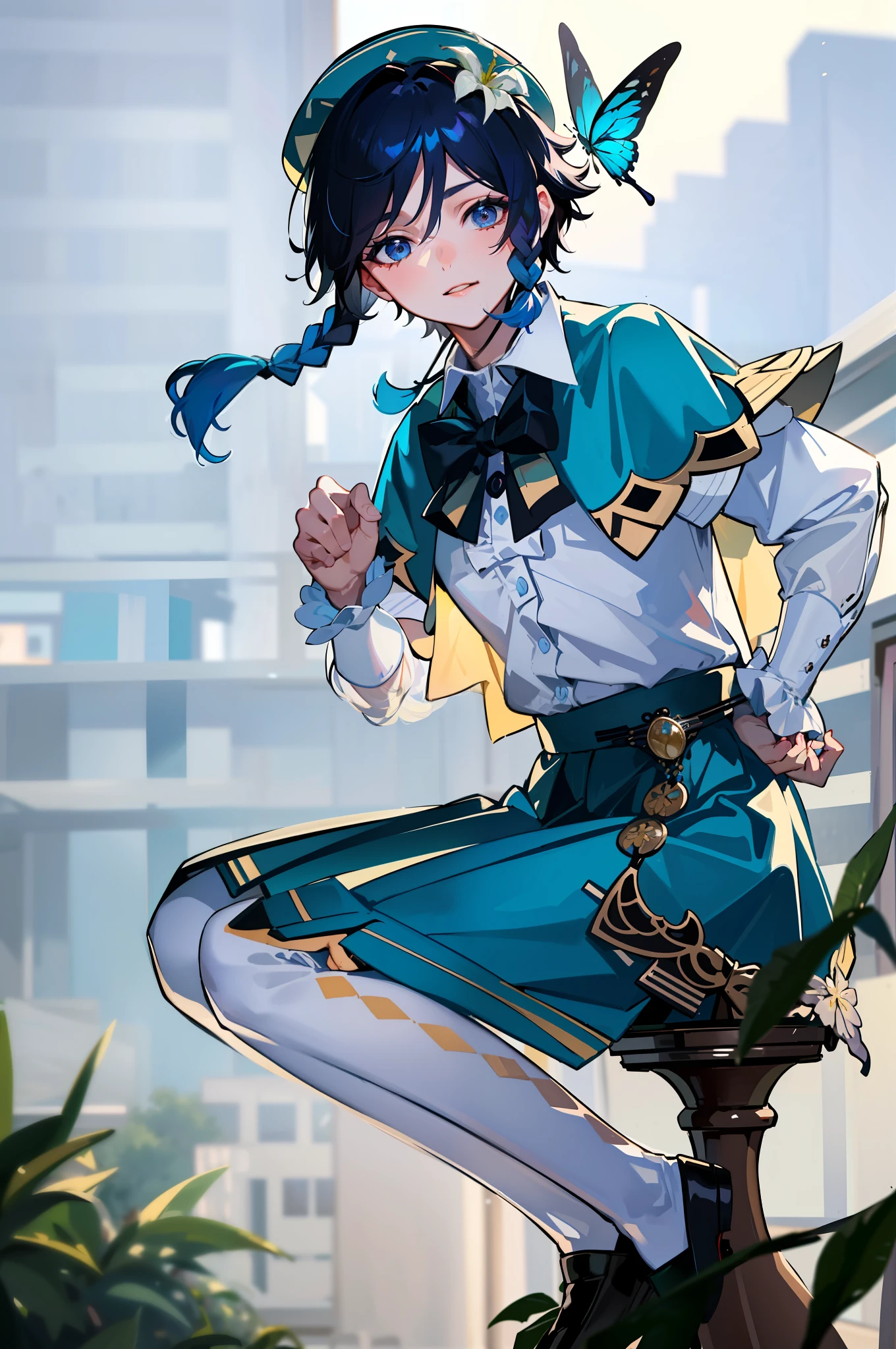 ((Masterpiece)), ((Best Quality)), Absurdres, 1boy, Squat Cowboy Pose, POV, School Uniform, (Classroom:1.1)(8k, RAW photo, best quality, masterpiece:1.3),(realistic,photo-realistic:1.37),(night),(looking at viewer:1.331),(white hair),posing, soft light,1boy, extremely beautiful face,bust,Random expression,big eyes, ,lower abdomen,(short-sleeved JK_shirt:1.3),JK_style,(JK_skirt:1.3) ,(bow JK_tie),mix4, School Uniform: 1.5), venti_(gensin impact), male focus, flower, venti (genshin impact), lyre, black hair, hat, smile, braid, long sleeves, twin braids, gradient hair, multicolored hair, instrument, pantyhose, shorts, blue hair, collared cape, bangs, butterfly, holding instrument, white flower, shirt, jewelry, looking at viewer, bug, white shirt, brooch, androgynous, outdoors, frills, holding, leaf, short hair with long locks, close up, soft light