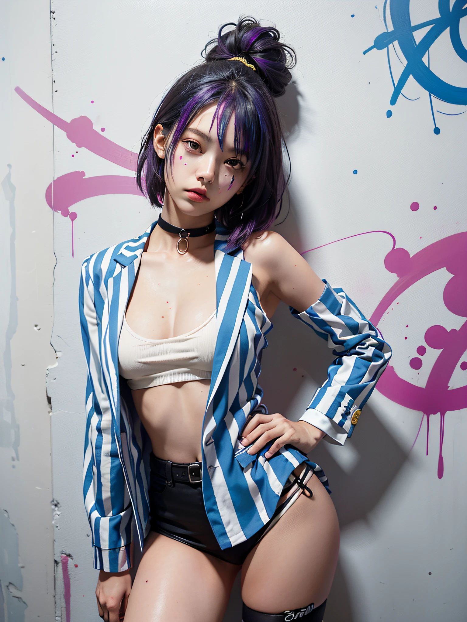 Absurdity, Top Quality, 1 Girl, Solo, Striped Hair, Blazer, Choker, (Graffiti: 1.5), Splatters of paint, Paint Scribble, Arms back, (Lean forward), Lean back, Leaning against the wall, (Tilt to the side: 0.25), Watch Viewer, Armband, Thigh Strap, Striped Hair, (Paint on the body other than the face), Eyes directed upwards, Head down, Tilt head, (From the side :0.75), bored, (expressionless: 0.75)