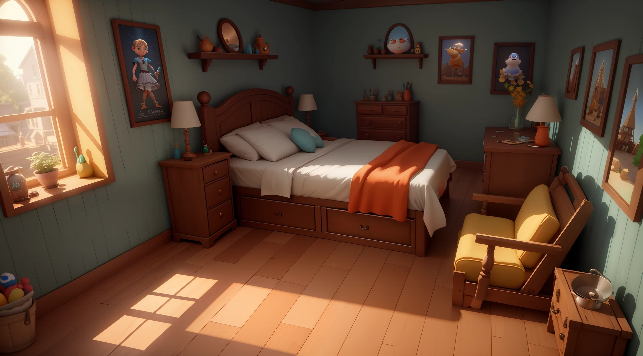(Pixar style: 1.2), Cute, 3D artwork, bedroom, tavern, inn, video game, a ray of light, blender, OC renderer, dribble high detail 8k, studio lighting --v 6