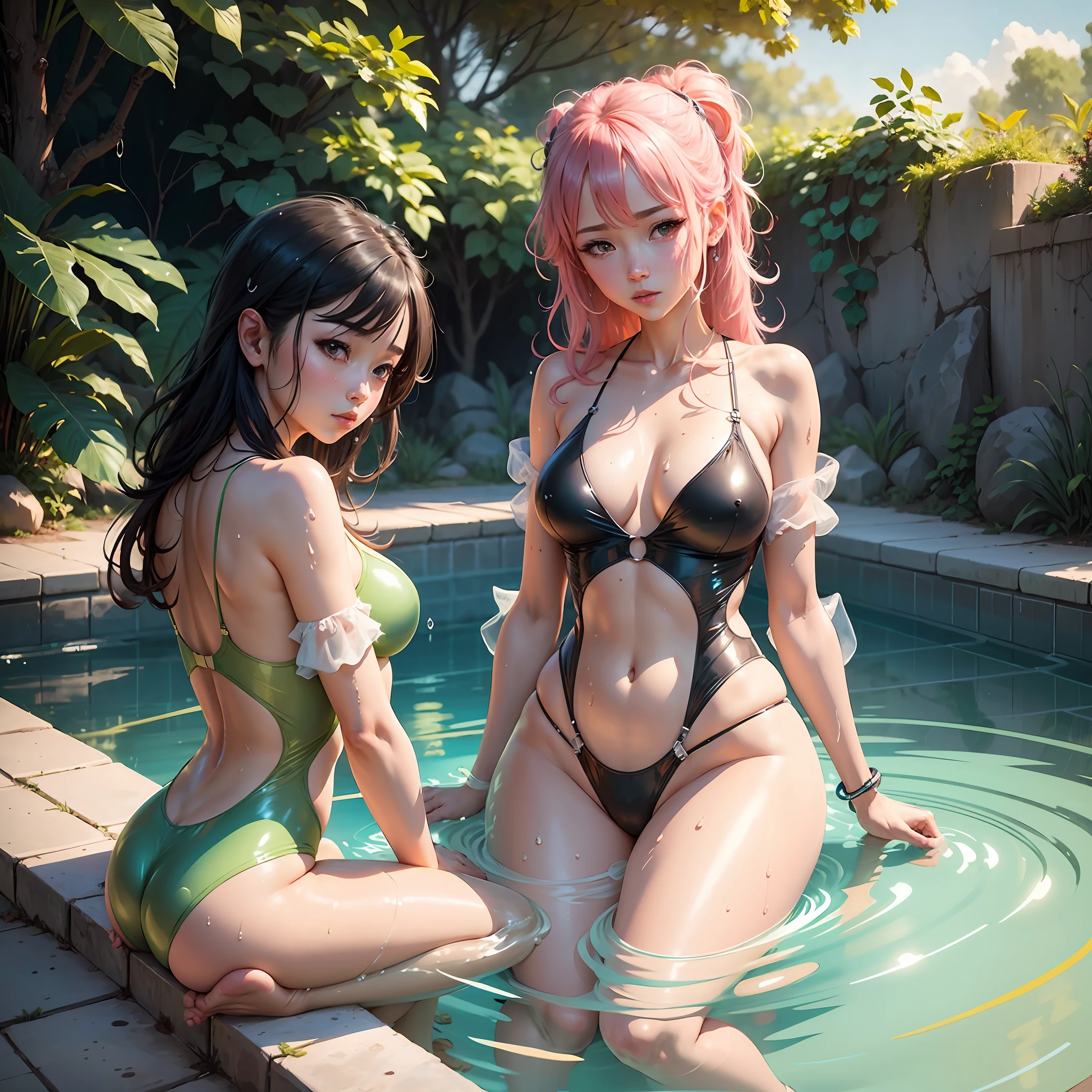 Two women in a pool with one of fully transparent swimsuit, realistic transparent bikini, [ 4K digital art ] !!, two beautiful anime girls, wet transparent swimsuit, Guweiz style art, Guweiz, Thicc, Wlop and Sakimichan, swimsuit, anime girls, trend at CGSTATION, Guweiz masterpiece, ecchi anime style
 PARENT
 INFO --auto --s2