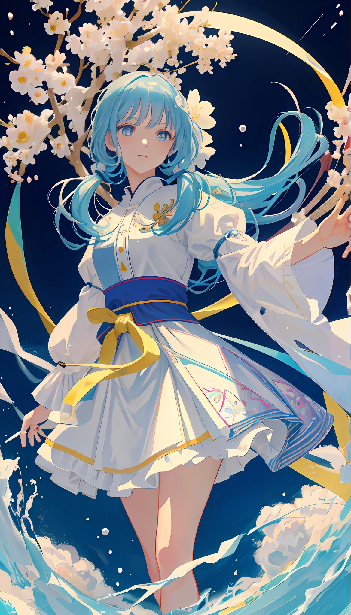 (masterpiece), (best quality), (ultra detailed),(disheed hair),(illustration), (1girl), (Fashionable clothing), standing, Fashion model, looking at viewer, (interview), (simple background), beautiful and delicate eyes, delicate and beautiful face, floating, (high saturation), (colorful splash), colorful bubbles, (shine), focus on the face, Ayaka Kamisato, light blue hair, bangs, hair circles, floating flowers, floating hair. girl, anime waifu, looking at viewer, highly detailed, reflections transparent iridescent colors, long transparent iridescent RGB hair, artby Serafleur from artstation, thick acrylic, illustration on pixiv, Waist up portrait, gorgeous saint, best quality, super detailed, sad, intelligent, pretty face, character style rendered by Octane,