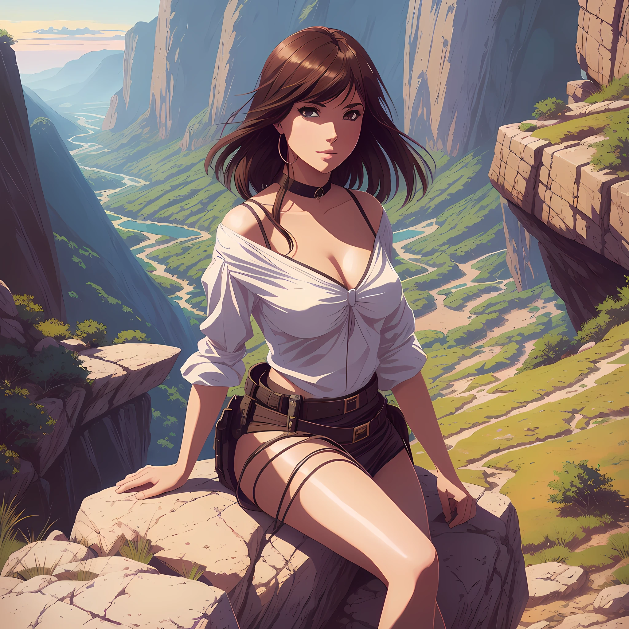 a woman sitting on top of a rock next to a valley, a photorealistic painting by Ilya Kuvshinov, cgsociety, romanticism, anime aesthetic, anime, ilya kuvshinov --auto --s2