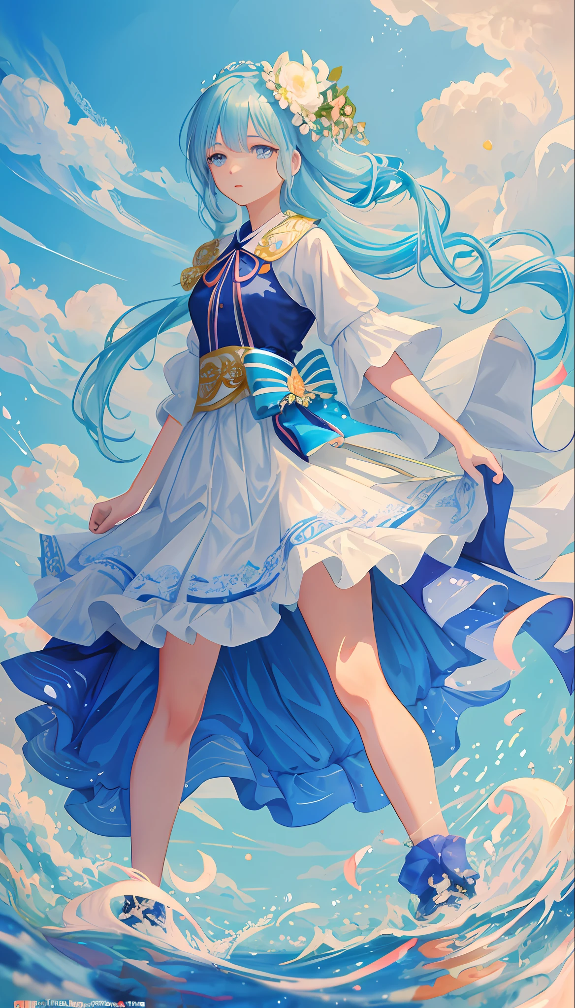(masterpiece), (best quality), (ultra detailed),(disheed hair),(illustration), (1girl), (Fashionable clothing), standing, Fashion model, looking at viewer, (interview), (simple background), beautiful and delicate eyes, delicate and beautiful face, floating, (high saturation), (colorful splash), colorful bubbles, (shine), focus on the face, Ayaka Kamisato, light blue hair, bangs, hair circles, floating flowers, floating hair. girl, anime waifu, looking at viewer, highly detailed, reflections transparent iridescent colors, long transparent iridescent RGB hair, artby Serafleur from artstation, thick acrylic, illustration on pixiv, Waist up portrait, gorgeous saint, best quality, super detailed, sad, intelligent, pretty face, character style rendered by Octane,