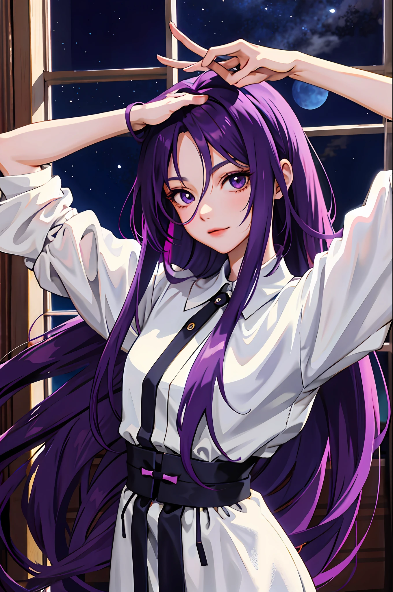 (anime style) The girl is standing in a room with a long purple hair in her hand, stretching out towards the camera, at night, holding a long hair in her hand, 8k, her arms slightly raised, holding a long hair in her hand,