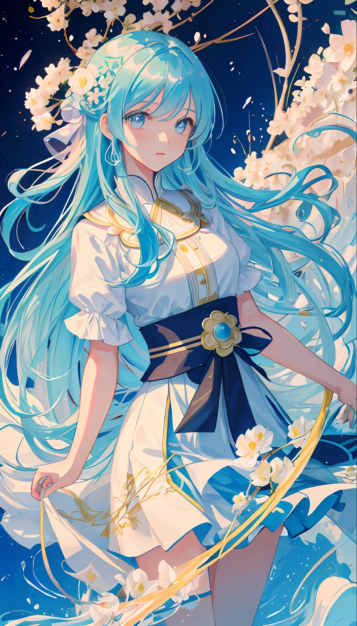 (masterpiece), (best quality), (ultra detailed),(disheed hair),(illustration), (1girl), (Fashionable clothing), standing, Fashion model, looking at viewer, (interview), (simple background), beautiful and delicate eyes, delicate and beautiful face, floating, (high saturation), (colorful splash), colorful bubbles, (shine), focus on the face, Ayaka Kamisato, light blue hair, bangs, hair circles, floating flowers, floating hair. girl, anime waifu, looking at viewer, highly detailed, reflections transparent iridescent colors, long transparent iridescent RGB hair, artby Serafleur from artstation, thick acrylic, illustration on pixiv, Waist up portrait, gorgeous saint, best quality, super detailed, sad, intelligent, pretty face, character style rendered by Octane,