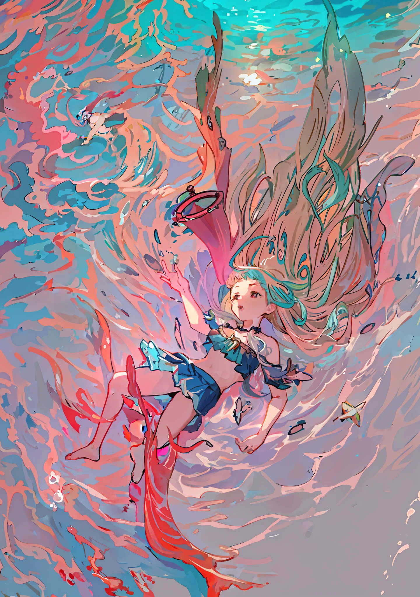 ocean, girl, underwater world, bubbles, benthic animals, long hair, skirt, redemption, abyss, coral, shipwreck, illustration, masterpiece, super detail, high quality, high detail, best quality