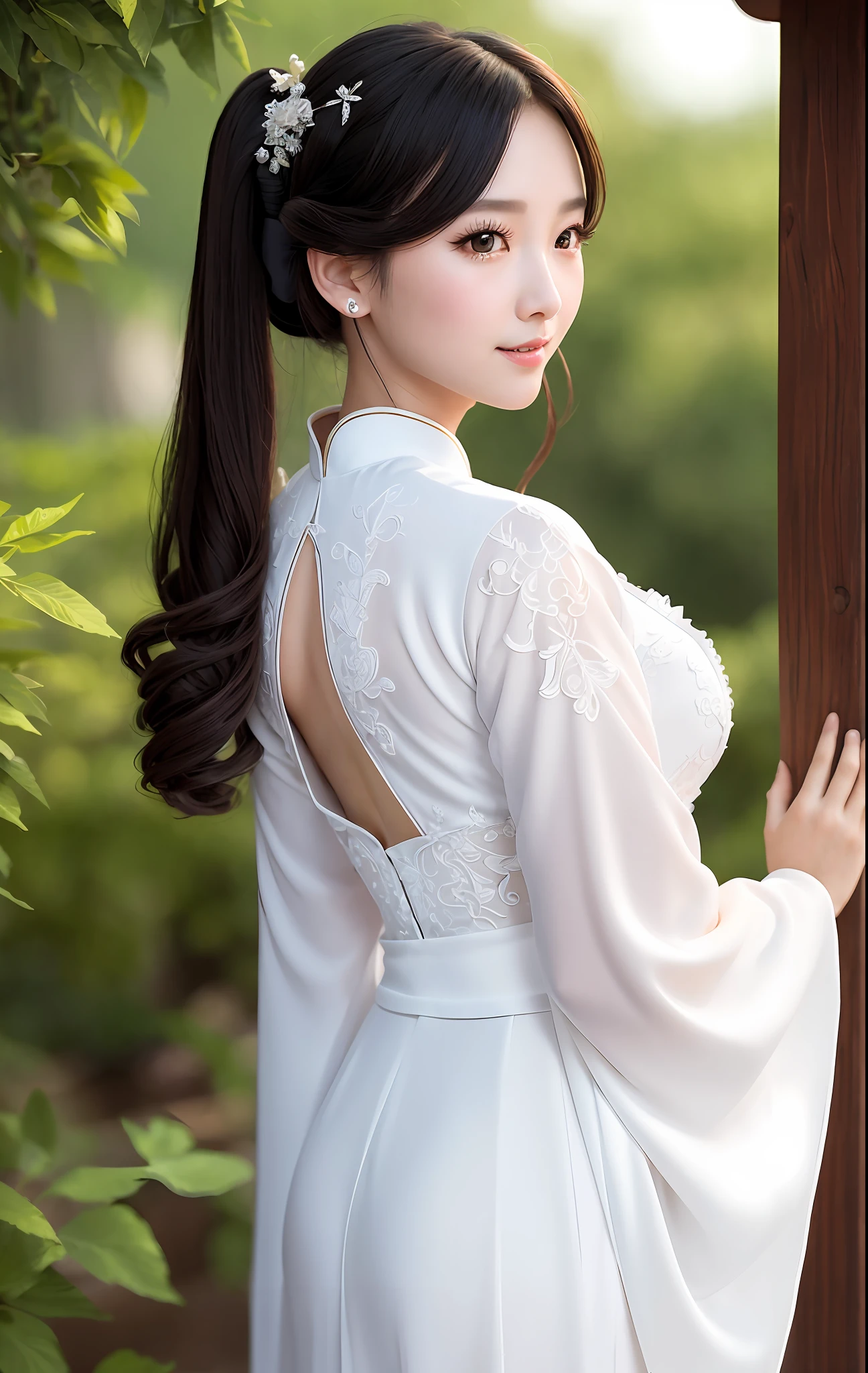 best quality, masterpiece, illustration, very delicate and beautiful, highly detailed, CG, unity, 8k wallpaper, amazing, elaborate details, masterpiece, best quality, official art, highly detailed CG unity 8k wallpaper, super detailed, high resolution, highly detailed, beautiful detailed girl, very detailed eyes and face, beautiful detailed eyes, face light, (Hanfu: 1.1), 1 girl, Ao dai with white lace open chest, big beautiful big, beautiful ass, 27 years old, smile, oblique back figure
