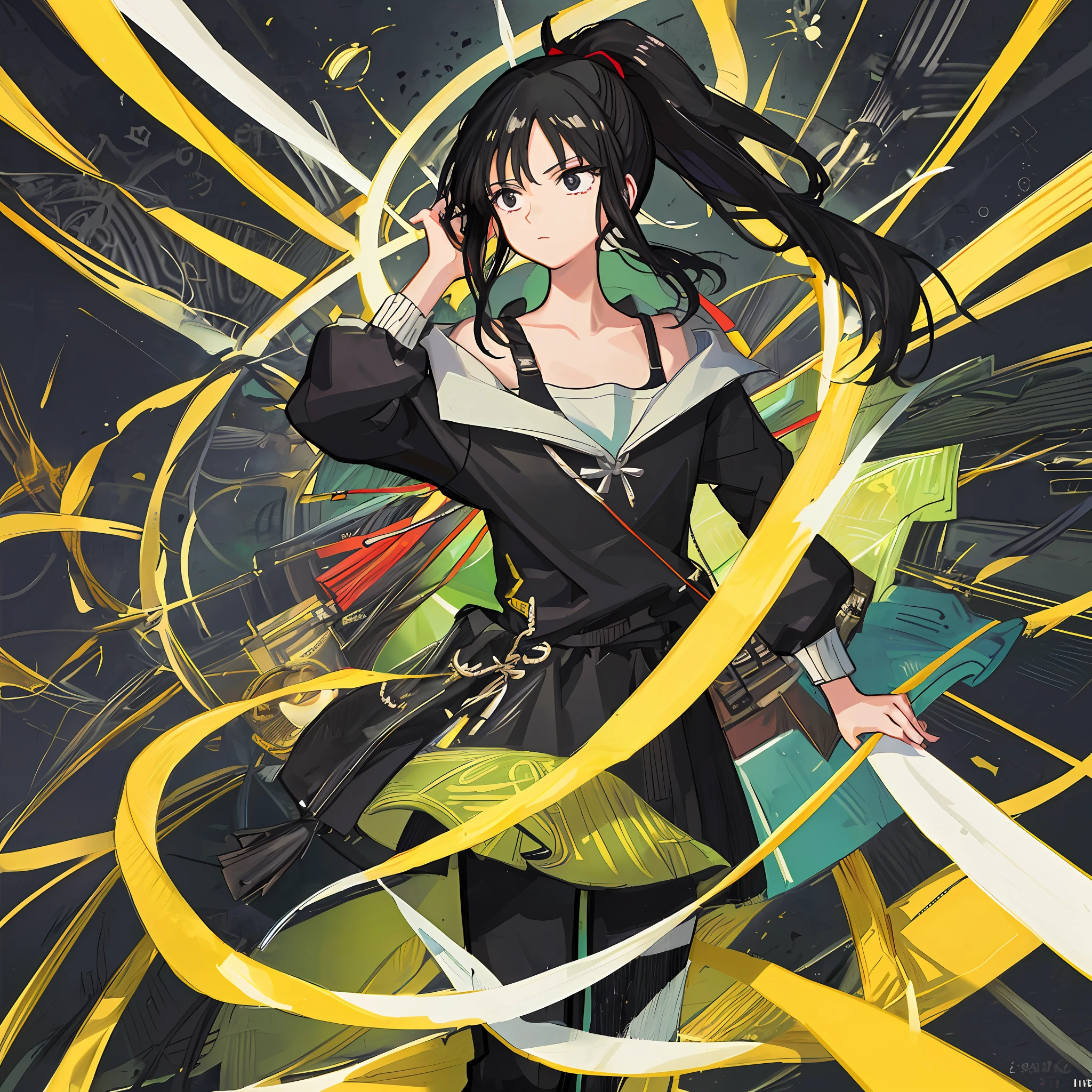 (Masterpiece), (Best Quality), (Super Detail),(Illustration), 1 Woman, Black Hair, Ponytail Hair, Black Clothing, by Yoshihiro Togashi, Manipulating Black Shadows.