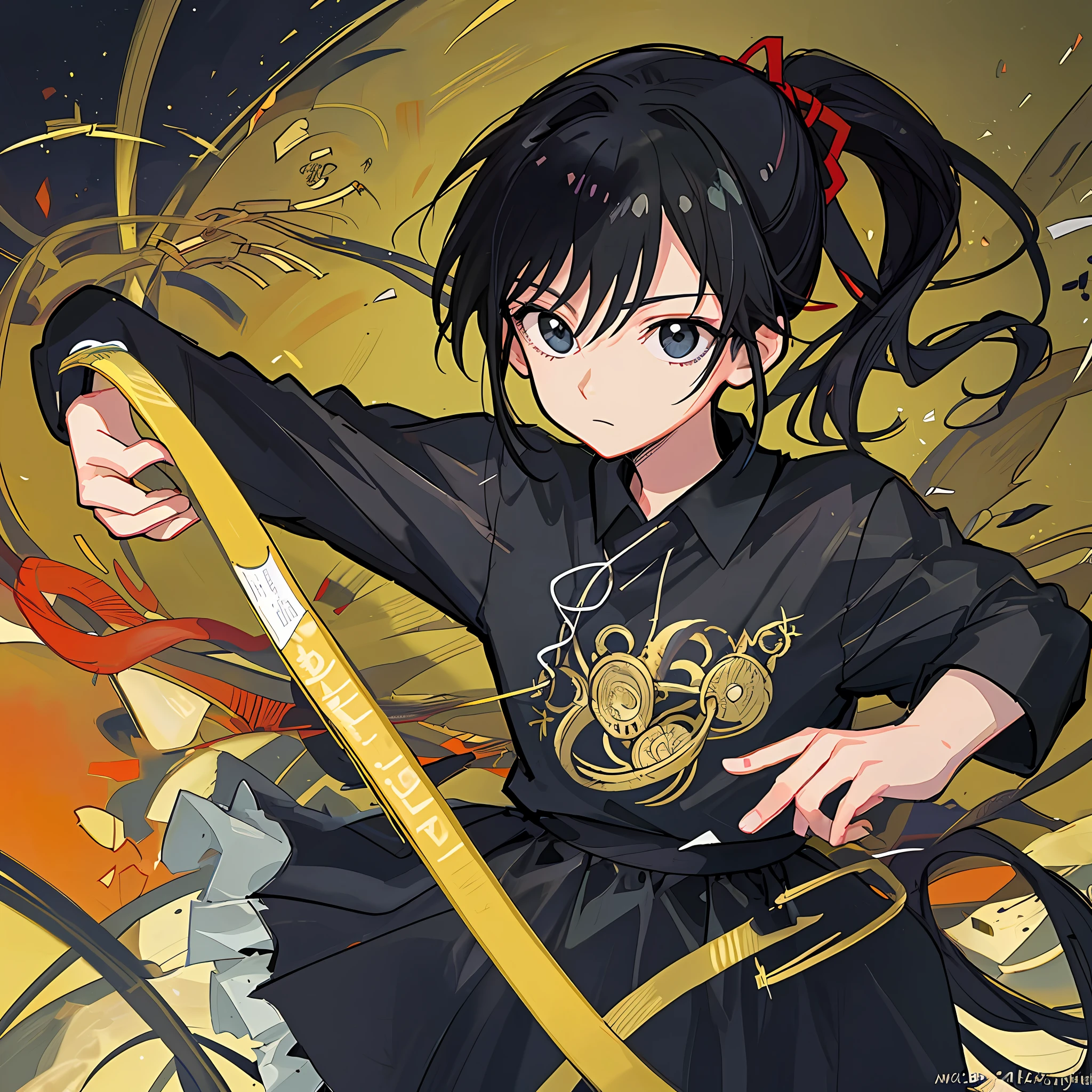 (Masterpiece), (Best Quality), (Super Detail),(Illustration), 1 Woman, Black Hair, Ponytail Hair, Black Clothing, by Yoshihiro Togashi, Manipulating Black Shadows.