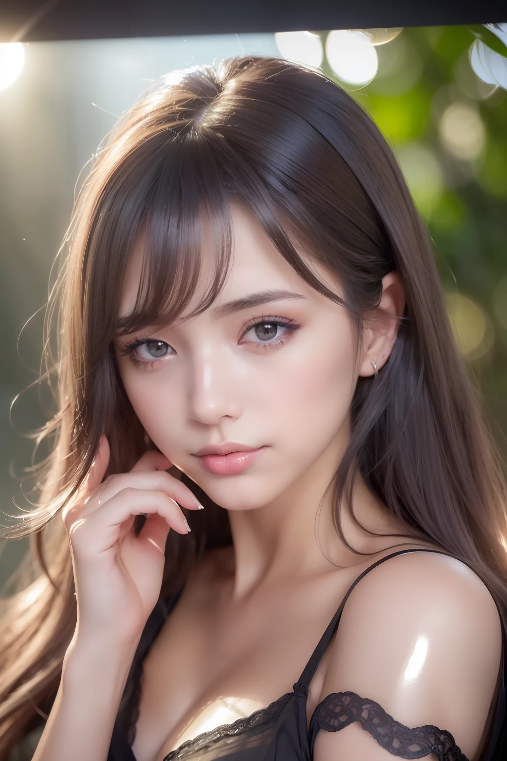 Create a 64K CG image (ultra-hyperrealistic:1.5) of a sexy and attractive girl with trendy outfit lace black dress. The picture should be full of vibrant, ultra-sharp detail (ultra-sharp detail:1.5) and stunning color depth (color depth:1.25). Her sexual features (sexual features:1.2), bewitching eyes, rosy cheeks, and a seductive smile - should be the center of attention. The image should mimic the unparalleled clarity and color vibrancy of a photo captured with an ultra high-end camera like the Hasselblad H6D-400c MS, (using a 24mm lens with an F/2.8 aperture:1.4), (medium breasts with cleavage:1.2), (very detailed beautiful gray eyes and clear eyebrows and (no natural modest lip corners:1.2) and medium brown hair:1.2), (perfect lighting, side lighting, light leak, shiny skin:1.5), ulzzang-6500-v1.1