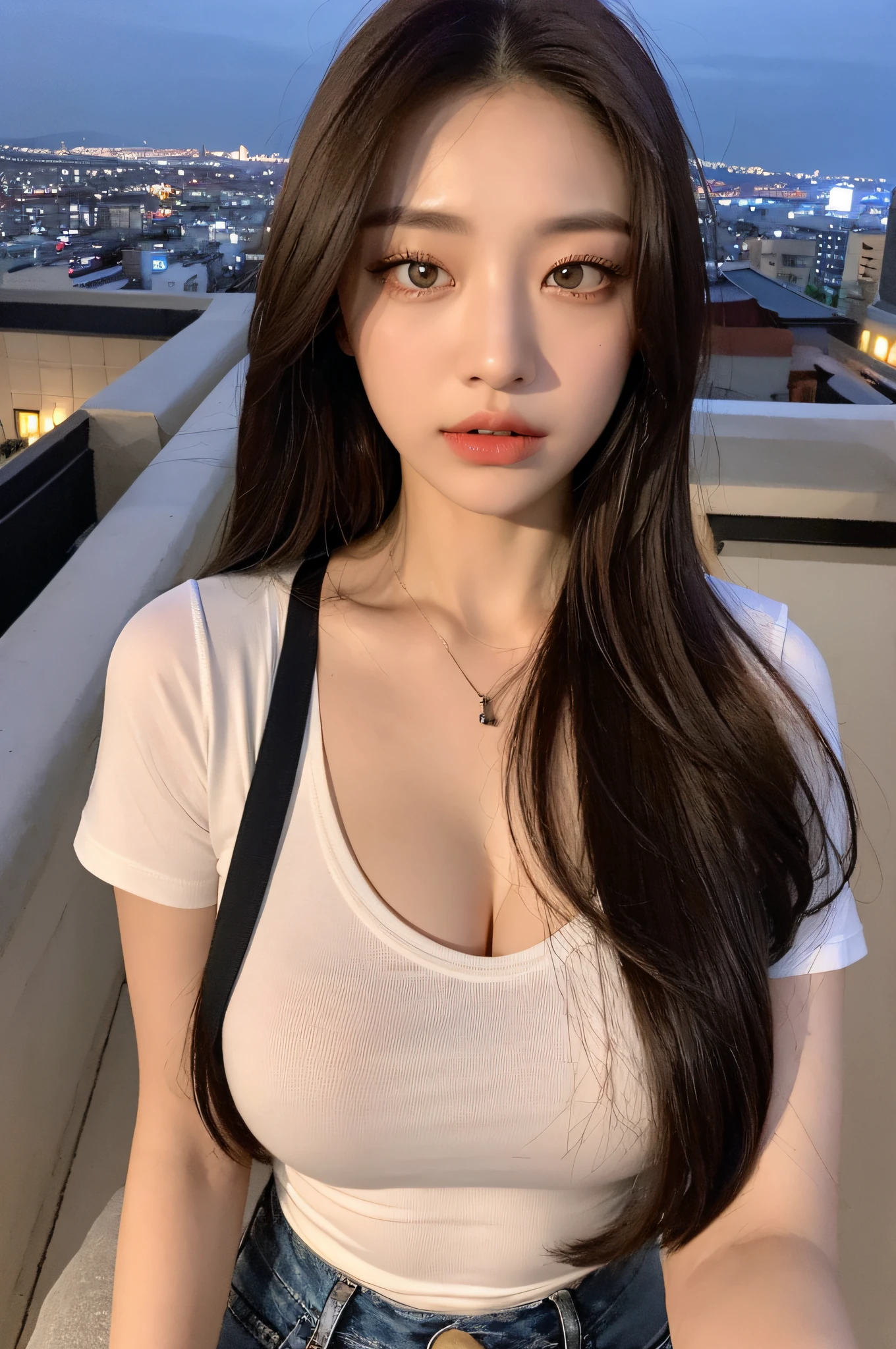 ((Midnight, Best quality, 8k, Masterpiece :1.3)), Whole body, Long legs, Sharp focus :1.2, A pretty woman with perfect figure :1.4, Slender abs :1.1, ((Dark brown hair, Big breasts :1.2)), (White tight tshirt, Jean bib, Standing:1.2), ((Night city view, Rooftop:1.3)), Highly detailed face and skin texture, Detailed eyes, Double eyelid