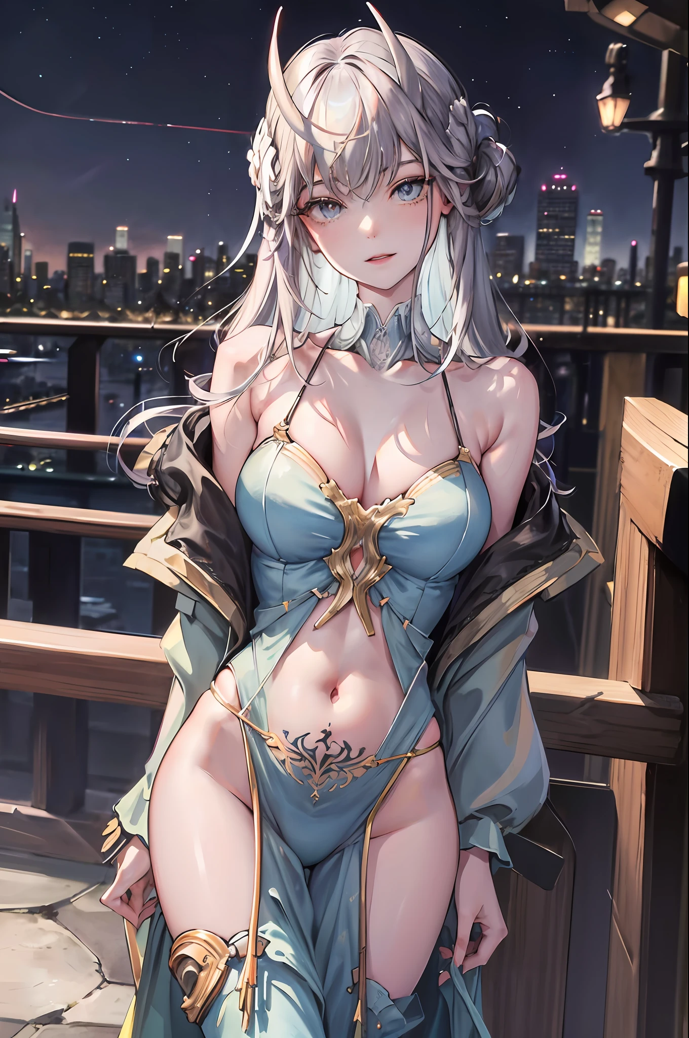 Official art, masterpiece, sharp focus, (beautiful gorgeous and cute European angel: 1.3), (tall and handsome reliable woman: 1.3), woman with light silver hair, wearing bikinis, thongs and jumpsuits, many beautiful tattoos on the upper body, huge chest, plump buttocks, slender and delicate waist with beautiful hair reaching the ground, hands spread, the whole person floats in the air, looking down, exuding light. Beautiful eyes and face, realistic, super detailed, beautiful girl, fine light rain, wet clothes, glowing white particles, (sidelighting: 1.2), night starry sky, detailed starry sky and moon, slender, cute big breasts and huge buttocks, toothless smile ((eyes open when laughing)), scenery, long straight hair, sexy facial expressions, gorgeous night sky in the background, damp clothes clinging to the curves of the body, (cityscape:1.7), dynamic hair, long straight hair, Delicate colored hair, glowing heterochromic pupils, black stockings, pale skin, hair accessories, epic landscapes, collars and hair accessories, hair is particularly long