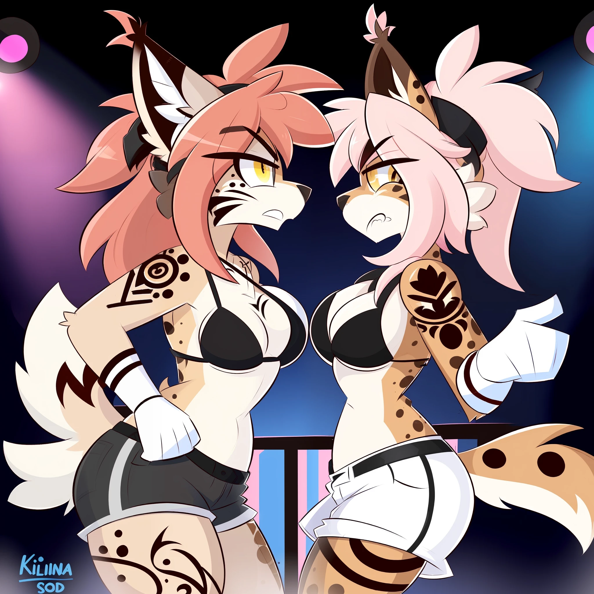 By Kilinah, (Coffeesoda:1.1), Hioshiru, Kilinah, Furry, Lynx, Anthro, Female, Solo, Native Tattoos, Red Headband, Pink Hair, Yellow Eyes, Nightclub, Black Bikini, Tight White Shorts, 2Girls, Breasts Bumping Into Each Other, Extremely Close to Each Other, Face to Face, Angry, Defiant