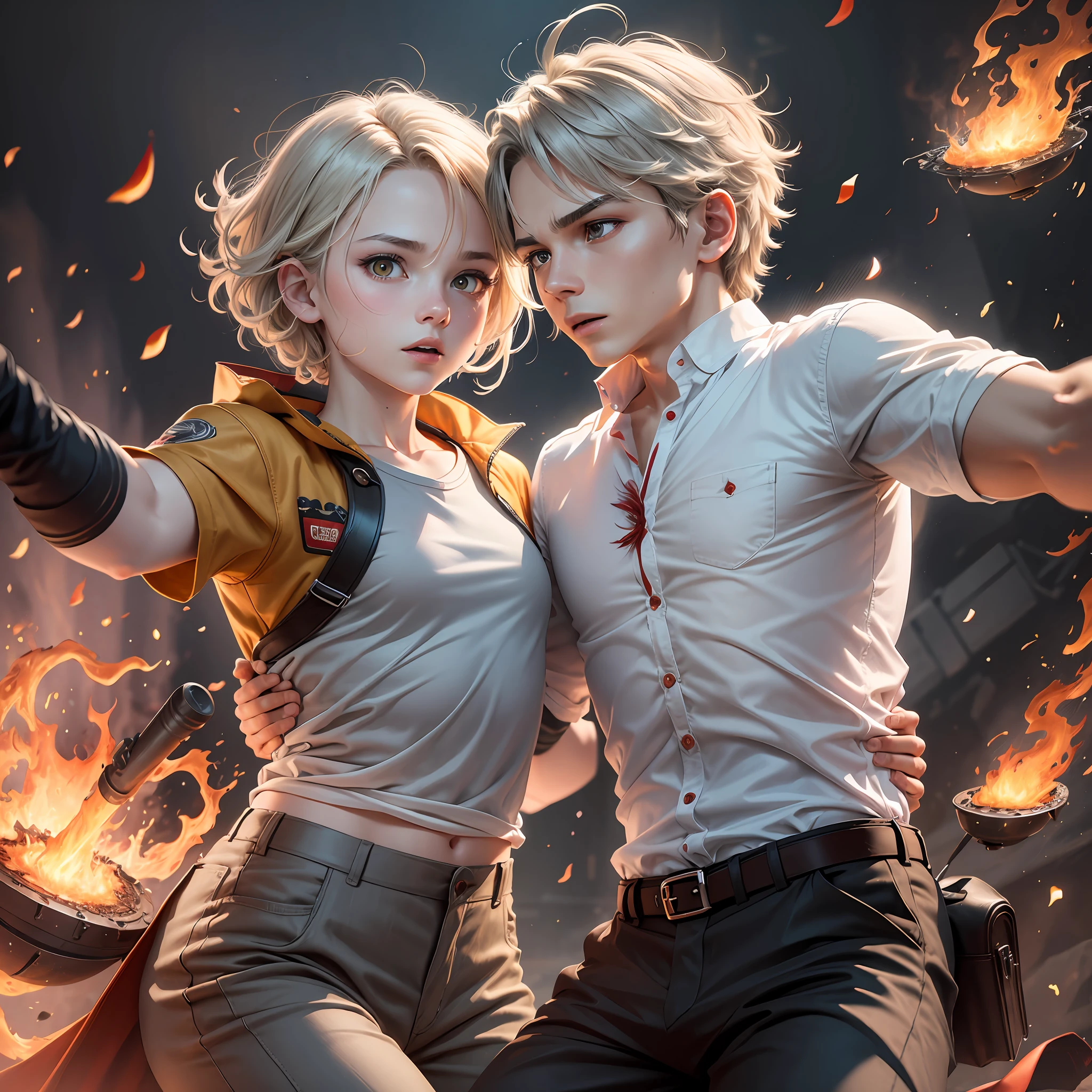 Drawing, fantasy, realism, dynamic movement on stage duet of two people, (1:1), fire, (detail 1:1), man frozen in lava (1:1,), (dynamic movement), solo, guy , (detail appearance), yellow eyes (detail eyes), short light gray hair, (hair detailing), shirt on fire, (shirt detailing), trousers, (trouser detailing), cave action, (detailing), fire theme, (detailing), fire whirlwind, (detaoization), fire whirlwind, (detail),, (2:1), 8k --auto --s2