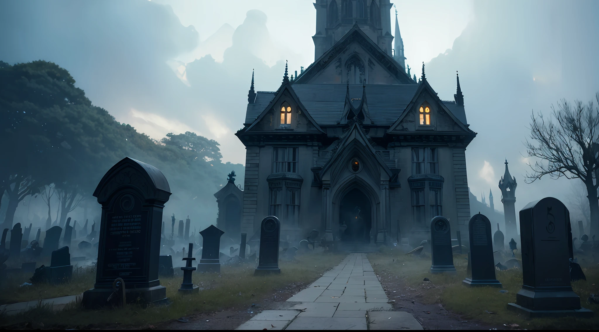 Monters, A haunted graveyard populated by ghostly apparitions and shadowy figures, creatures, moody lighting, gothic style, highly detailed, digital painting, by Travis Louie and Chet Zar,detailed matte painting, deep color, fantastical, intricate detail, splash screen, complementary colors, fantasy concept art, 8k resolution trending on Artstation Unreal Engine 5