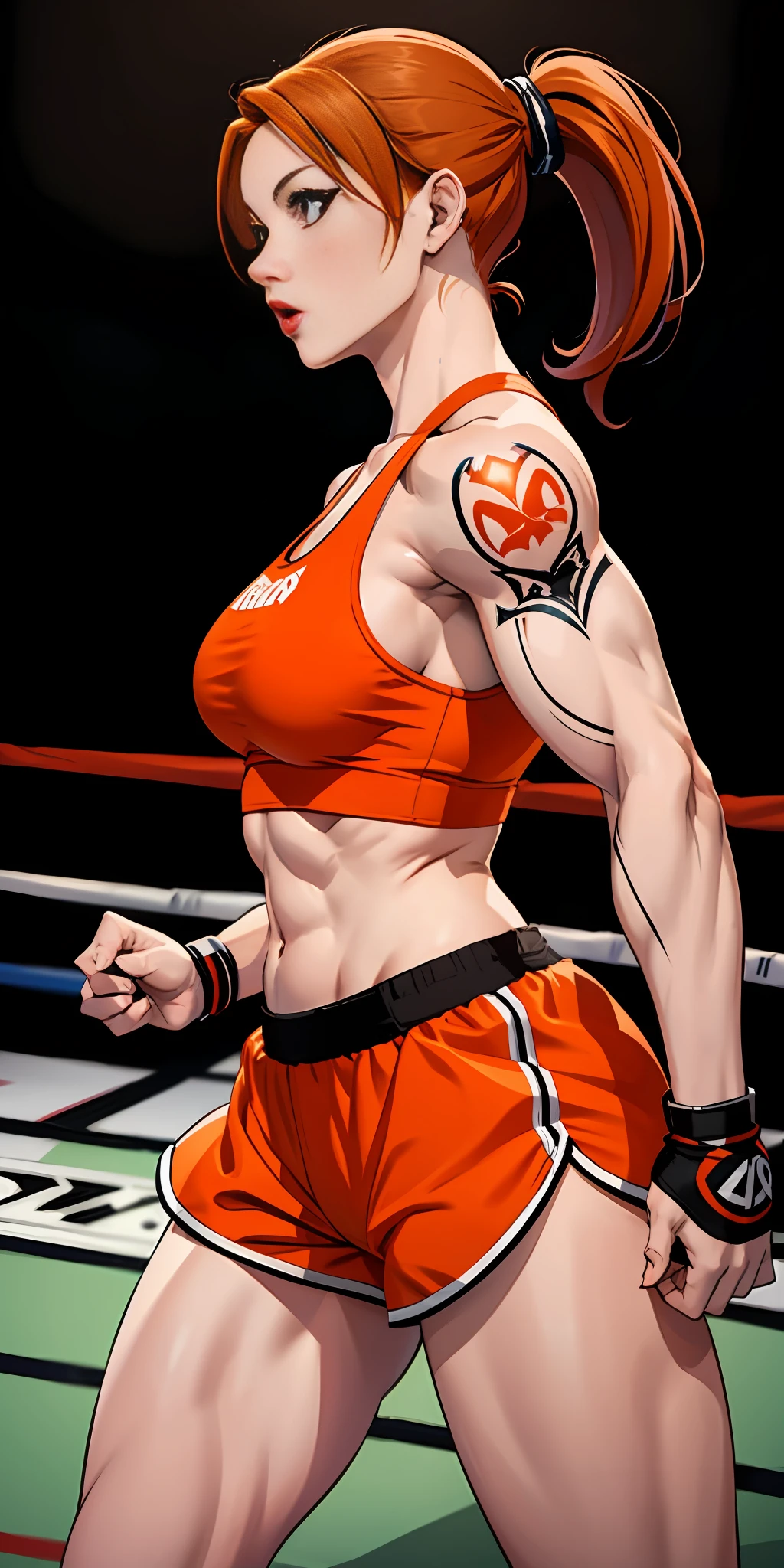 Woman, redhead, adult, tattoo, lipstick, provocative face,, orange hair (ponytail), muscular, boxer shorts, tank top, big thighs, big ass, big arms, small breasts, (bottom: boxing ring)