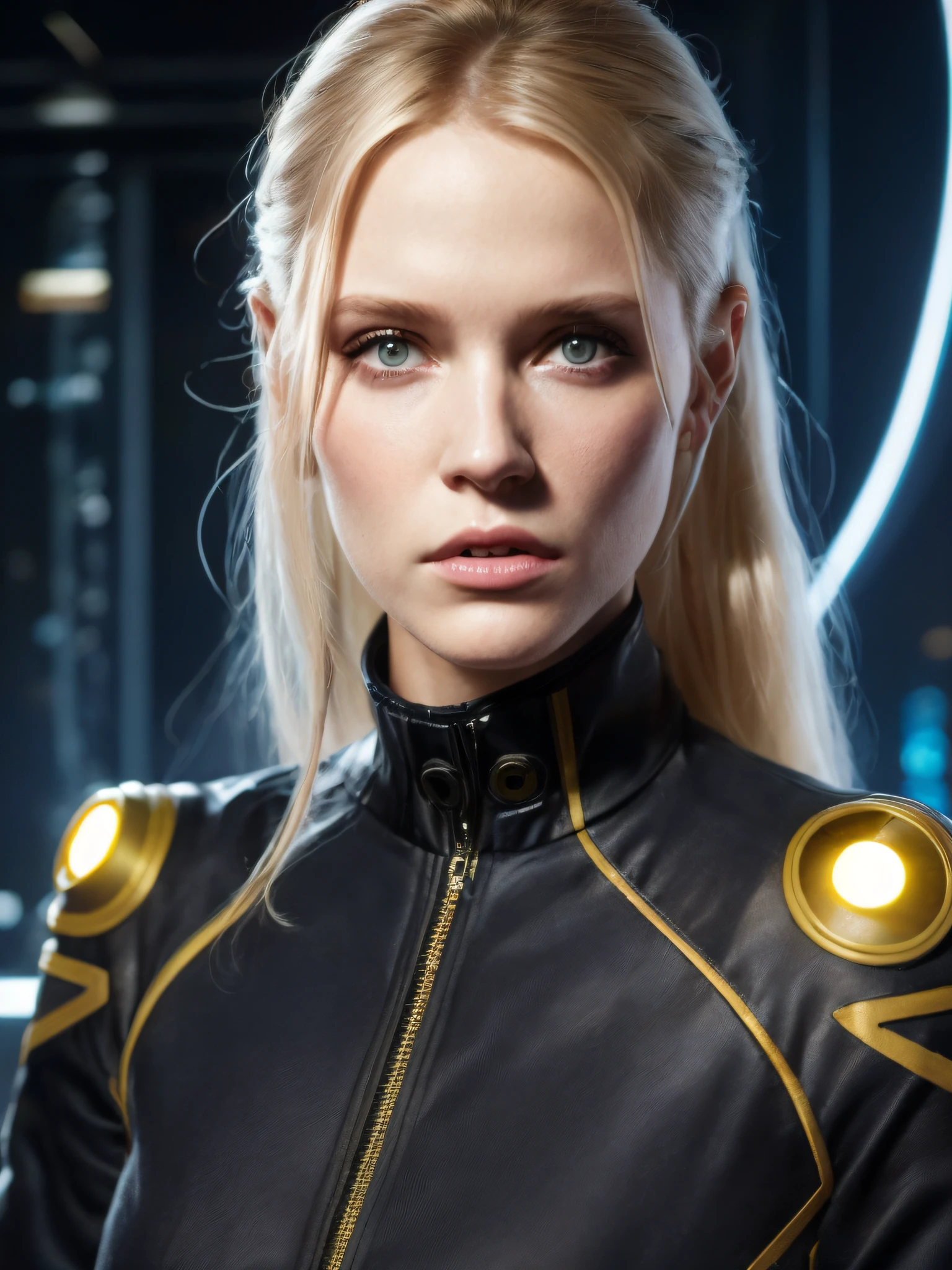 close up of a lovely 30-year-old model, wearing only a top black jacket with eye catching and minimalistic fabric details, realistic rim light, dark blonde, gorgeous, clean face, sci fi background, epic illumination, showing in 4k format, movie poster, in cgsociety trends, complex, epic, from alphonse mucha, very detailed bright, staged rendering of the character, super high-quality model, beautiful face