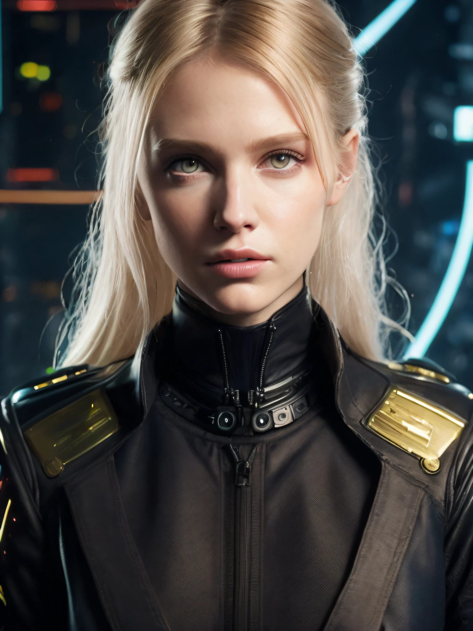 close up of a lovely 30-year-old model, wearing only a top black jacket with eye catching and minimalistic fabric details, realistic rim light, dark blonde, gorgeous, clean face, sci fi background, epic illumination, showing in 4k format, poster, in cgsociety trends, complex, epic, from alphonse mucha, very detailed bright, staged rendering of the character, super high-quality model, beautiful face