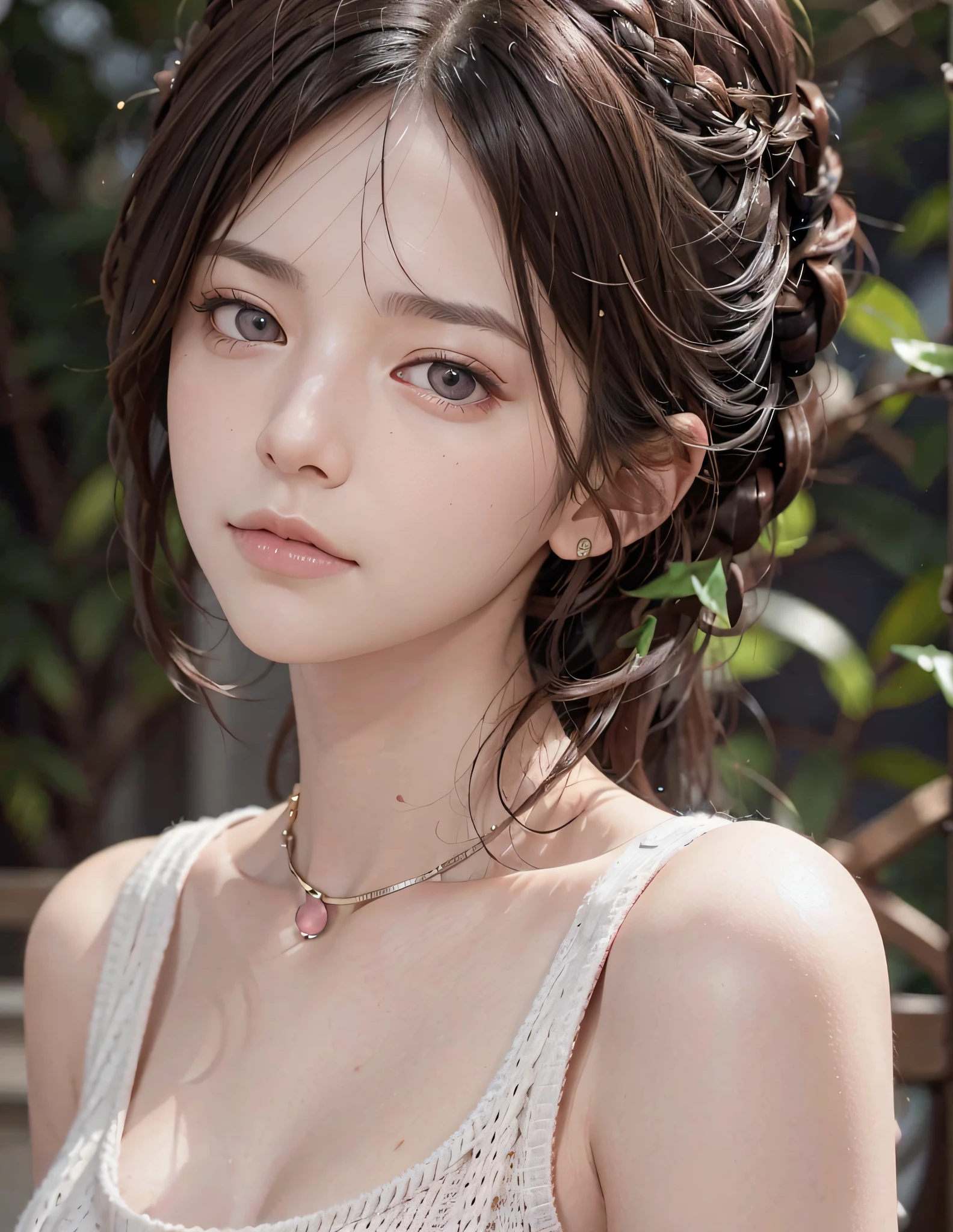 8k, RAW photo, best quality, masterpiece, high detail RAW color photo, professional photograph, (realistic, photorealistic:1.37), (high detailed skin:1.2), high resolution, beautiful detailed eyes, (hard focus:1.4), (sharp focus:1.4),
realistic , (8K UHD:1.2) , photoreaslistic
High quality shadow, 
parted_lips, slender face,
(wavy hair), Half-up top knot, Crown braid, Pink eye color, suggestive look,
(extremeface closeup),  pov, (((depth of field))), pale and lustrous skin, 
Cropped cowl neck sweater,
30yo teen age,
buruma,
Rooftop,
bokeh, lens flare, (vignette:0.8), dramatic lighting, cinematic lighting, back light, professional lighting, physically-based rendering, ulzzang-6500-v1.1, pureerosface_v1.
