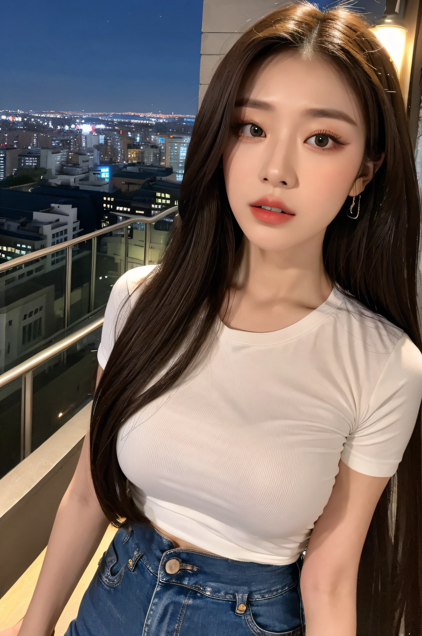 ((Midnight, Best quality, 8k, Masterpiece :1.3)), Whole body, Long legs, Sharp focus :1.2, A pretty woman with perfect figure :1.4, Slender abs :1.1, ((Dark brown hair, Big breasts :1.2)), (White tight tshirt, Jean bib, Standing:1.2), ((Night city view, Rooftop:1.3)), Highly detailed face and skin texture, Detailed eyes, Double eyelid