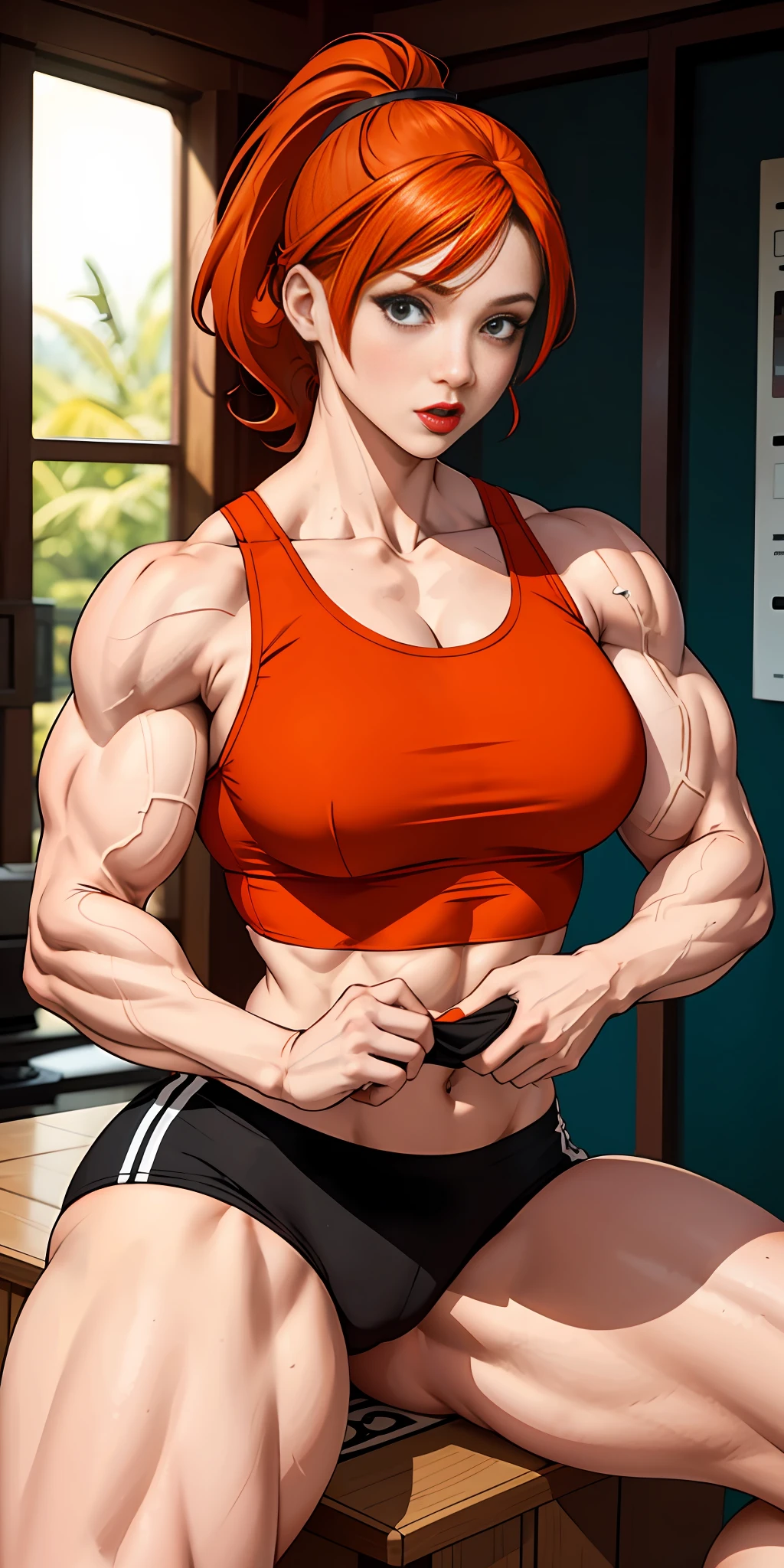 Woman, redhead, adult, lipstick, provocative face,, orange hair (ponytail), muscular, boxer shorts: red, tank top: white, big thighs, big ass, big arms, small breasts, (bottom: box ring)