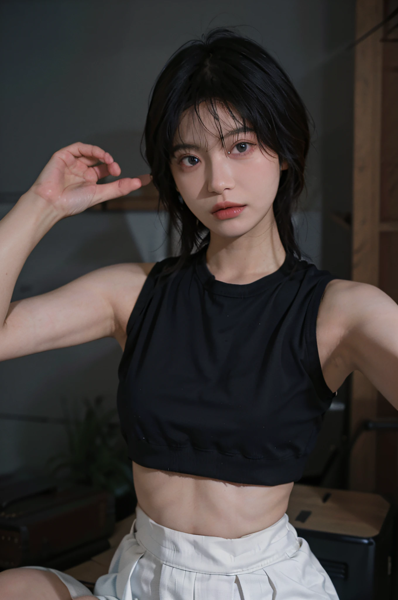 8K, Best Quality, Masterpiece, Ultra High Resolution, (Realism: 1.4), Original Photo, (True Skin Texture: 1.3), (Film Grain: 1.3), (Selfie Angle), 1 Girl, Crop Top with Crop Top, Short Skirt, Beautiful Blue Eyes and Face Details, Masterpiece, Best Quality, Close-up, Upper Body, Looking at the Viewer
