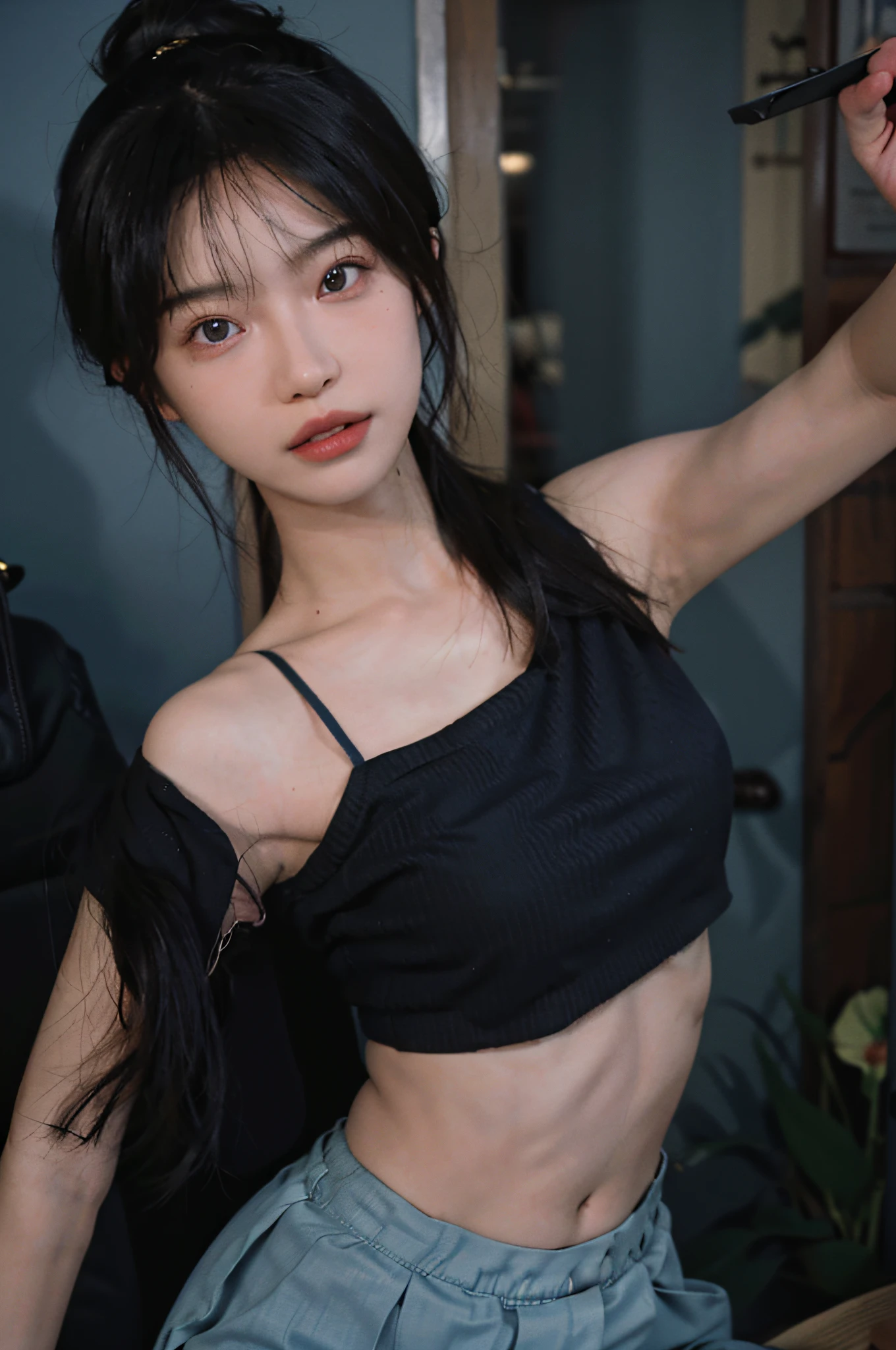 8K, Best Quality, Masterpiece, Ultra High Resolution, (Realism: 1.4), Original Photo, (True Skin Texture: 1.3), (Film Grain: 1.3), (Selfie Angle), 1 Girl, Crop Top with Crop Top, Short Skirt, Beautiful Blue Eyes and Face Details, Masterpiece, Best Quality, Close-up, Upper Body, Looking at the Viewer