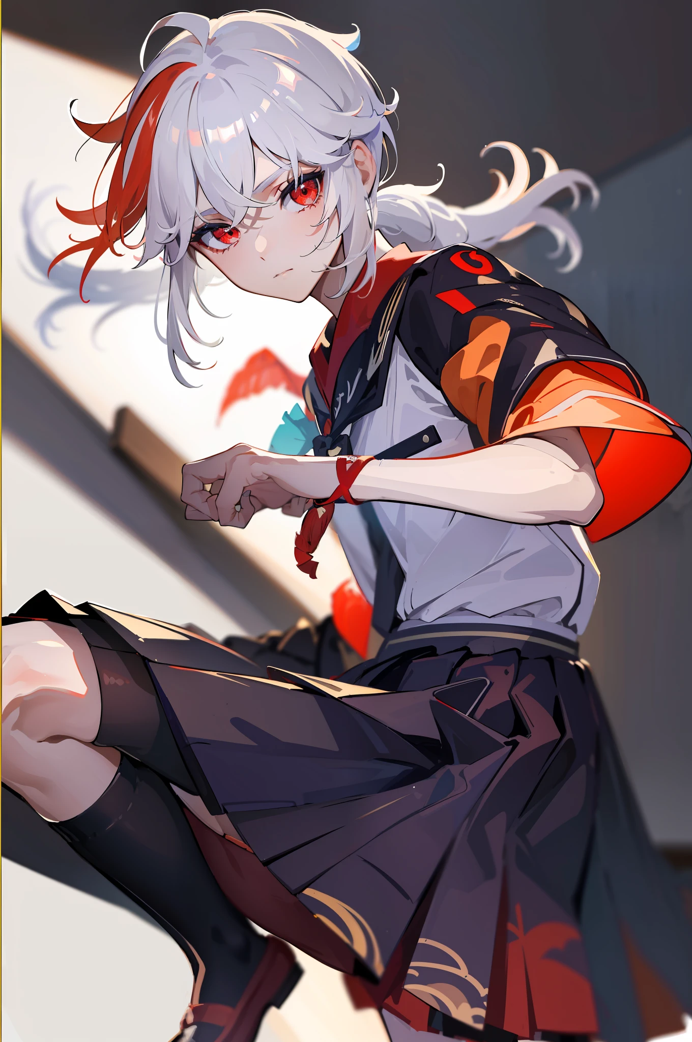 ((Masterpiece)), ((Best Quality)), Absurdres, 1boy, Squat Cowboy Pose, POV, School Uniform, (Classroom:1.1)(8k, RAW photo, best quality, masterpiece:1.3),(realistic,photo-realistic:1.37),(night),(looking at viewer:1.331),(white hair),posing, soft light,1boy, extremely beautiful face,bust,Random expression,big eyes, ,lower abdomen,(short-sleeved JK_shirt:1.3),JK_style,(JK_skirt:1.3) ,(bow JK_tie),mix4, School Uniform: 1.5), kaedehara kazuha, male focus, 1boy, solo, red eyes, bangs, multicolored hair, japanese clothes, streaked hair, red hair, hair between eyes, weapon, sword, white hair, closed mouth, ponytail, outdoors, tassel, looking at viewer, close up, skirt, red pantyhose