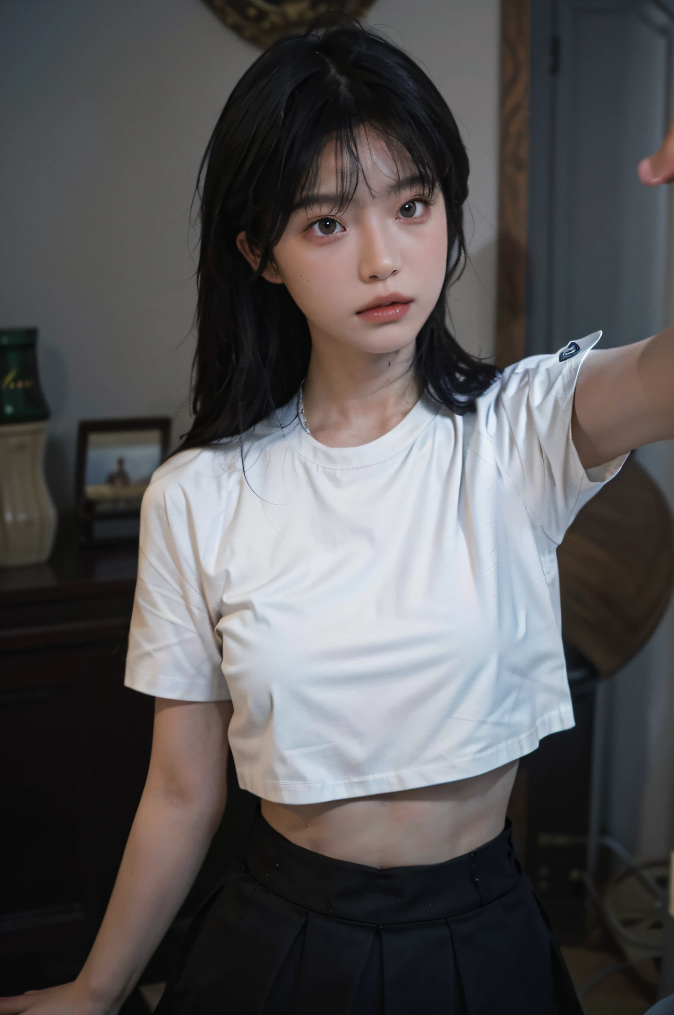8K, Best Quality, Masterpiece, Ultra High Resolution, (Realism: 1.4), Original Photo, (True Skin Texture: 1.3), (Film Grain: 1.3), (Selfie Angle), 1 Girl, Crop Top with Crop Top, Short Skirt, Beautiful Blue Eyes and Face Details, Masterpiece, Best Quality, Close-up, Upper Body, Looking at the Viewer