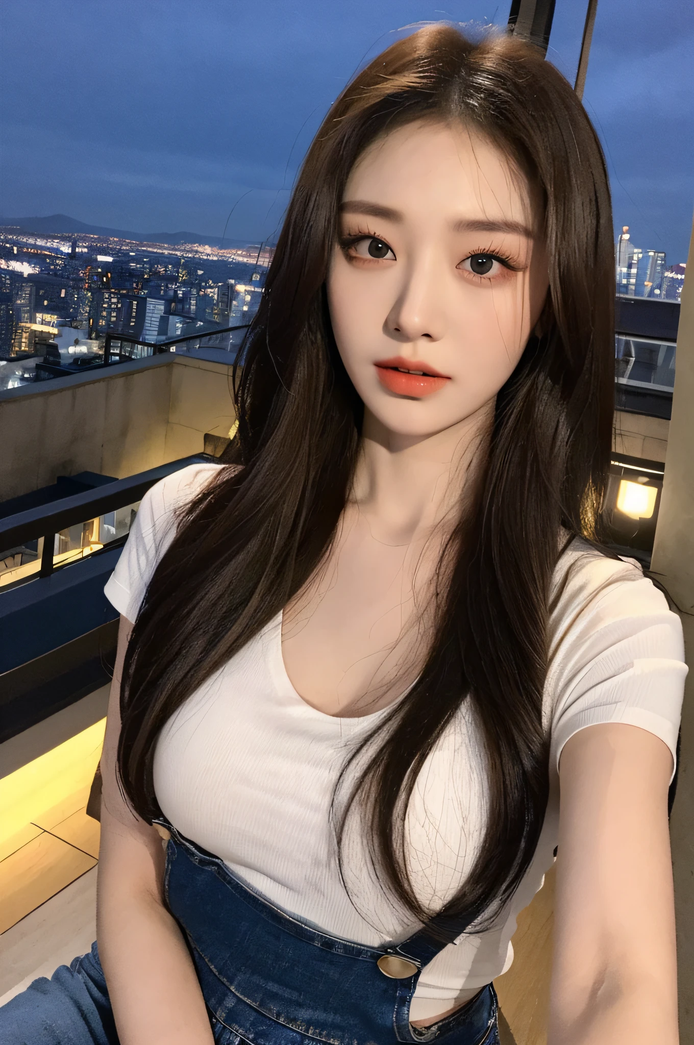((Midnight, Best quality, 8k, Masterpiece :1.3)), Whole body, Long legs, Sharp focus :1.2, A pretty woman with perfect figure :1.4, Slender abs :1.1, ((Dark brown hair, Big breasts :1.2)), (White tight tshirt, Jean bib, Standing:1.2), ((Night city view, Rooftop:1.3)), Highly detailed face and skin texture, Detailed eyes, Double eyelid